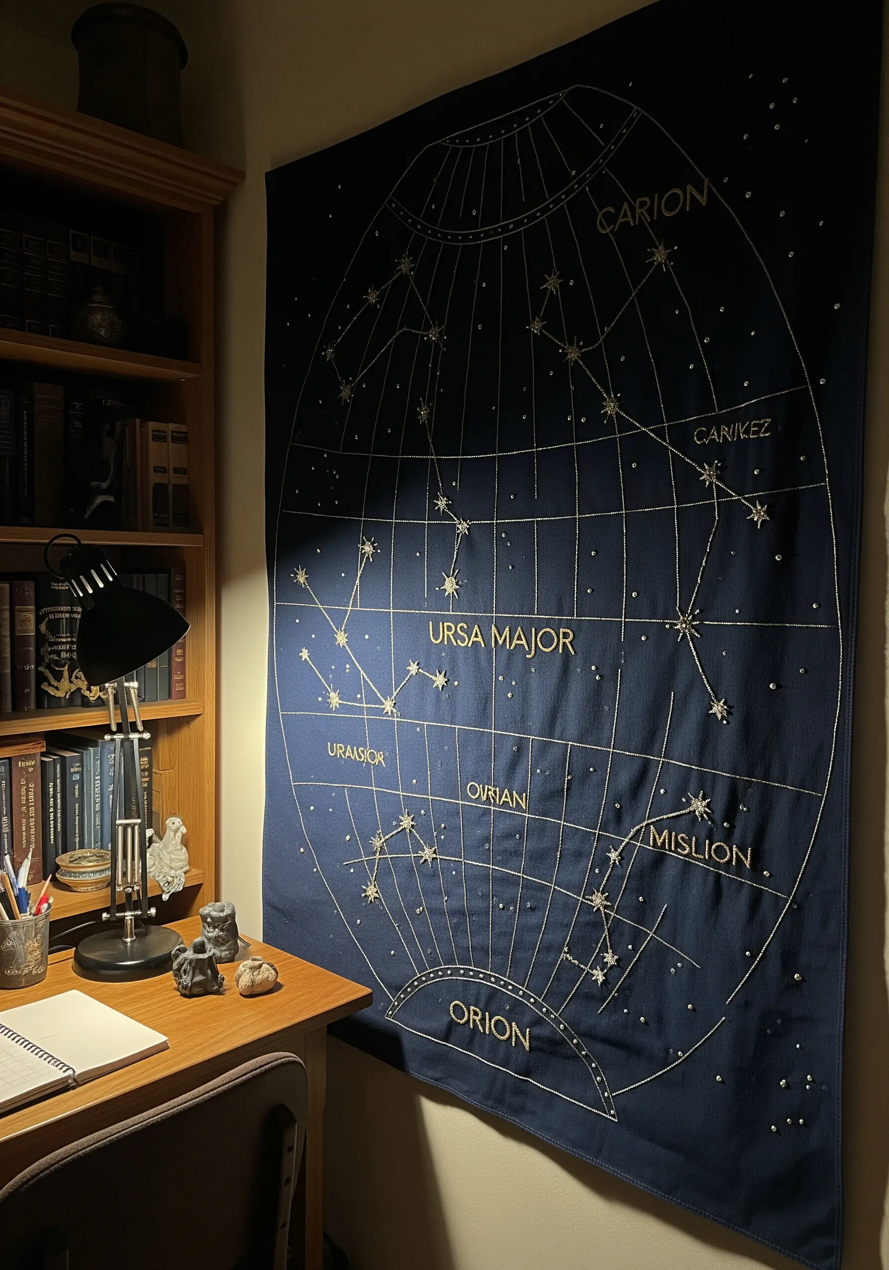 A large, dark blue wall hanging embroidered with a celestial map in gold metallic thread.