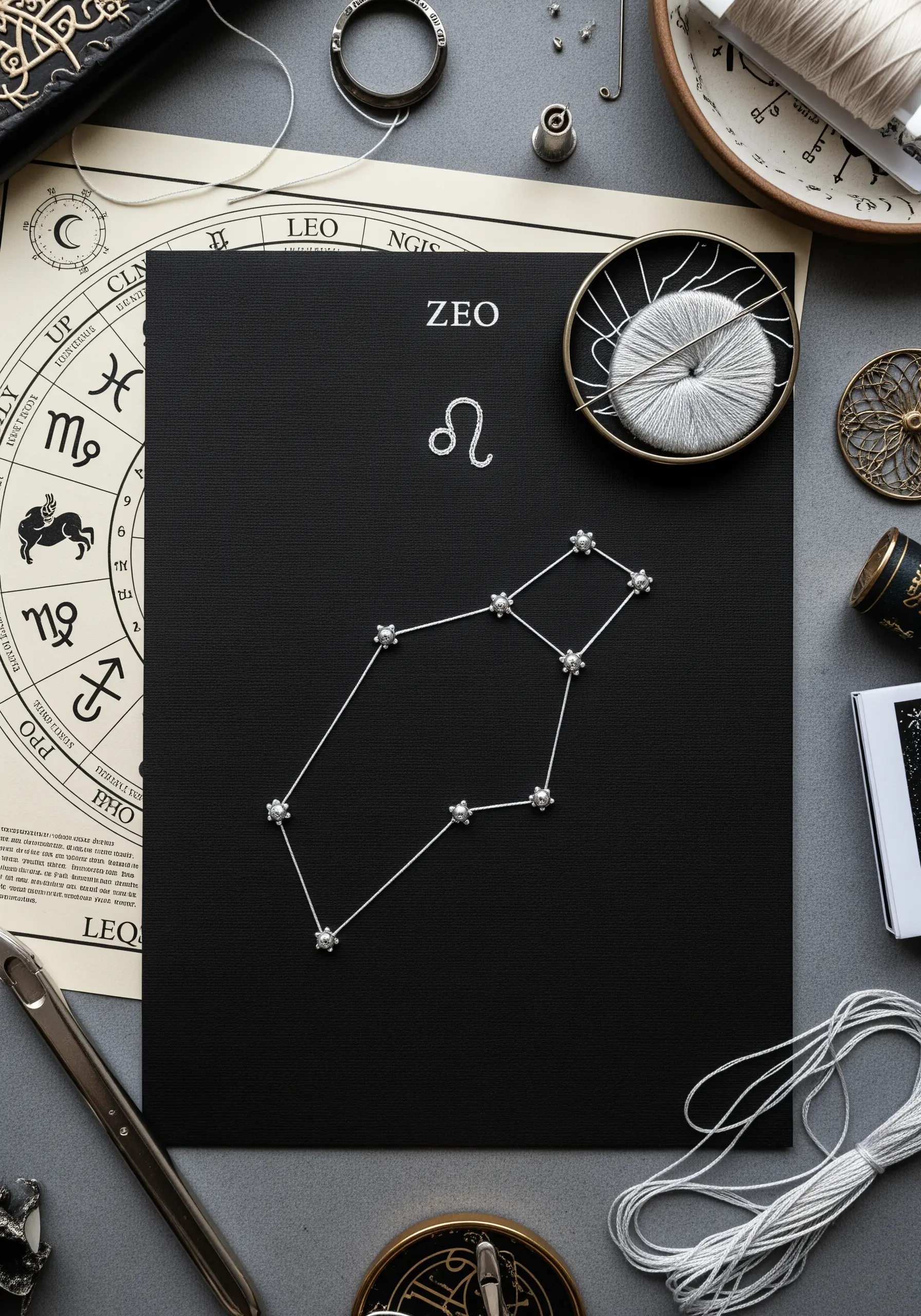 A minimalist embroidery of the Leo constellation with white thread and star stitches on black paper.