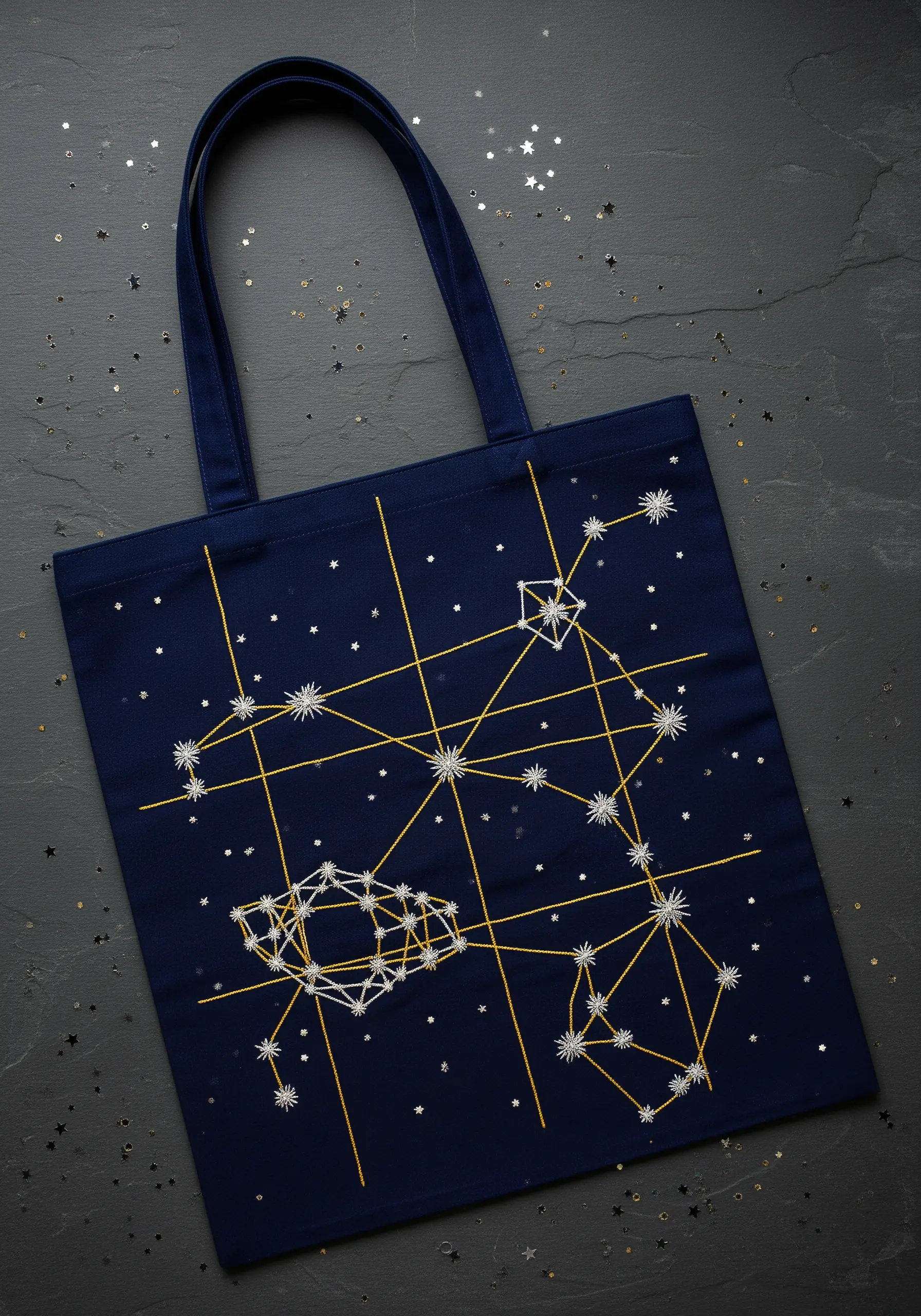 Embroidered constellation map on a navy tote using gold lines and white starburst stitches.