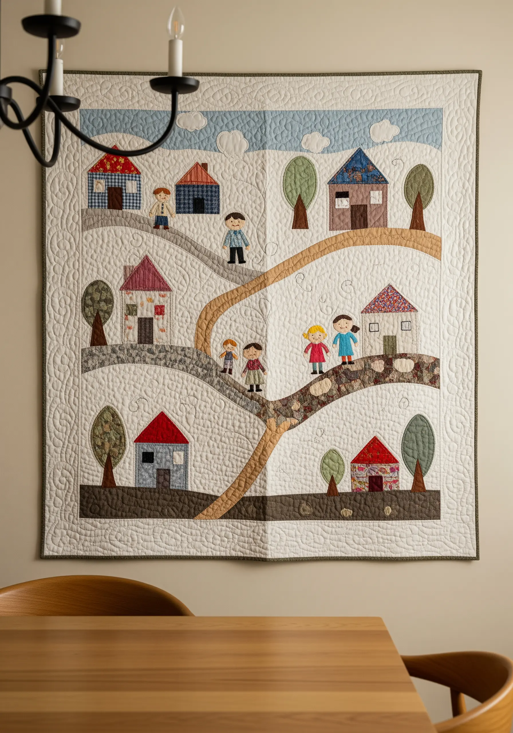 A quilted wall hanging depicting a whimsical village scene with appliqué houses and trees.