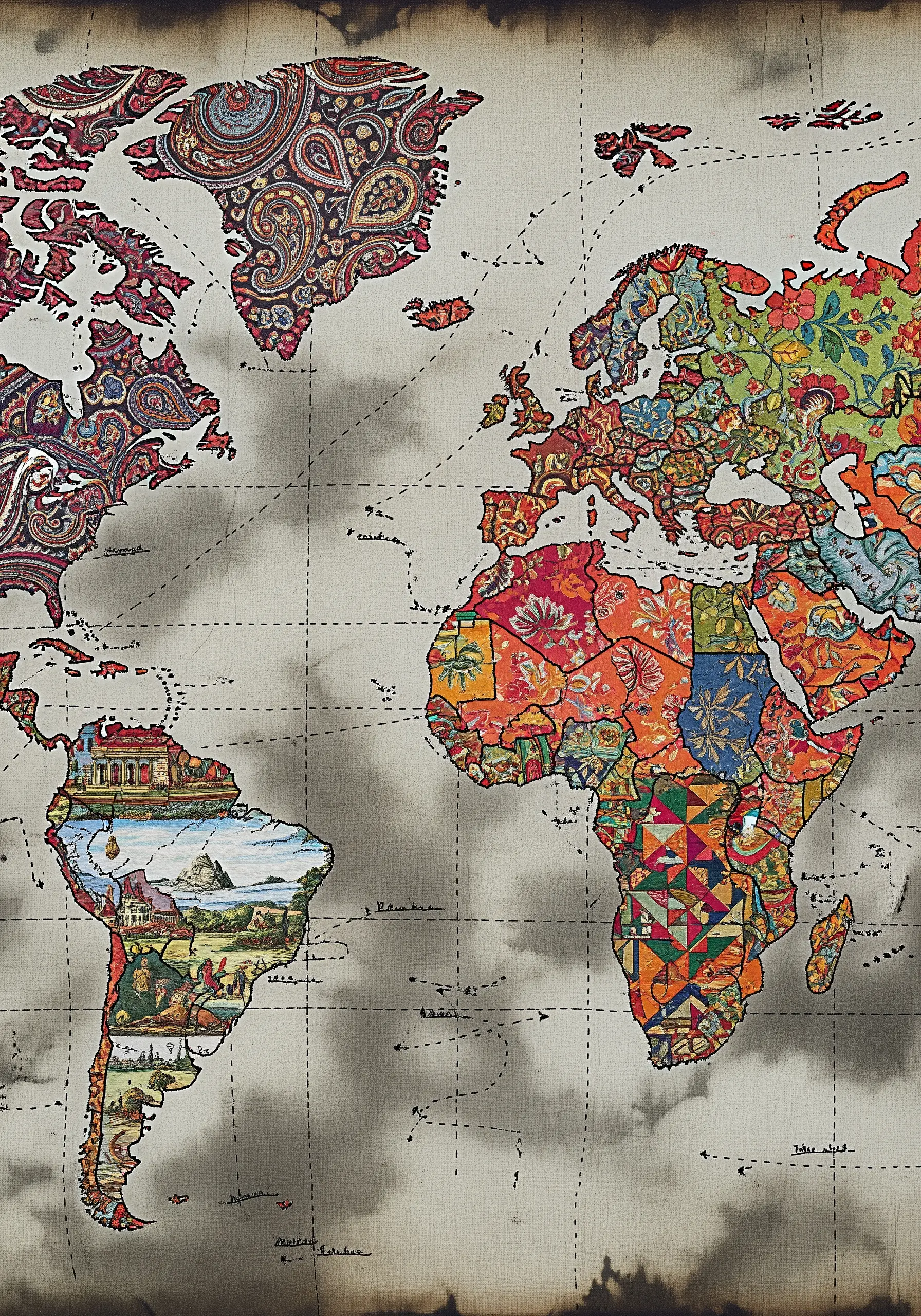 A world map made from a collage of patterned fabrics on a vintage-style canvas.