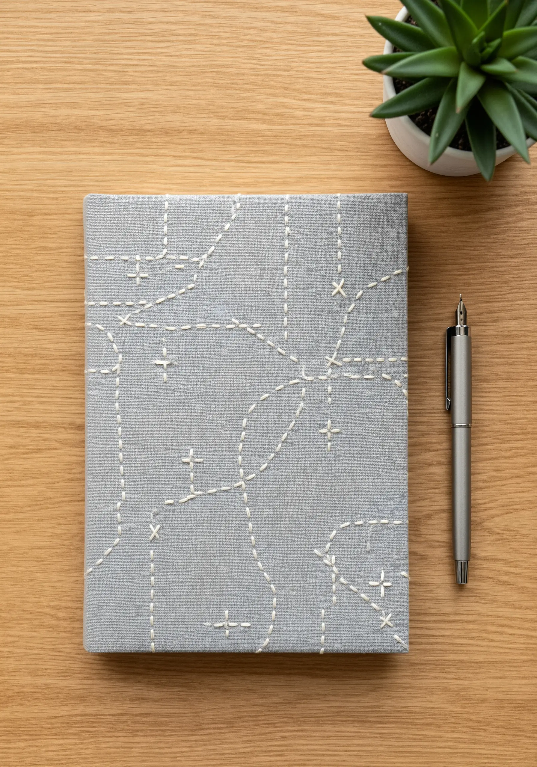 Abstract map design using white running stitch on a grey fabric-covered book.