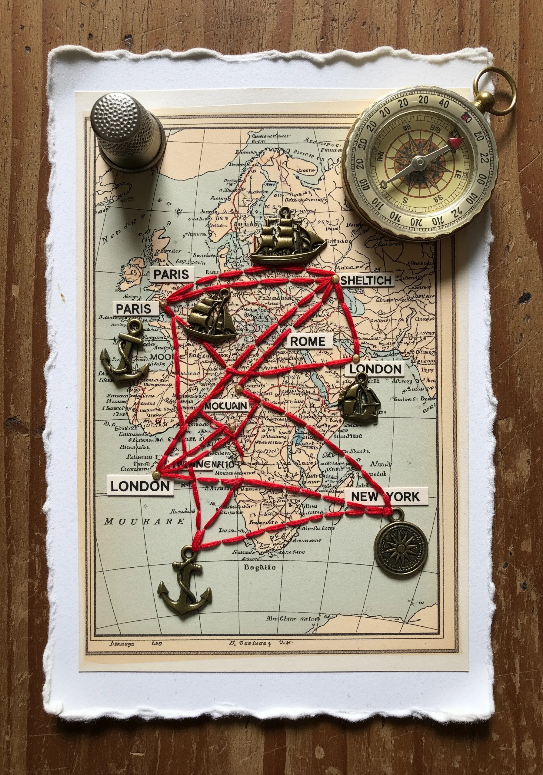 Vintage map embroidery with red thread route and charms