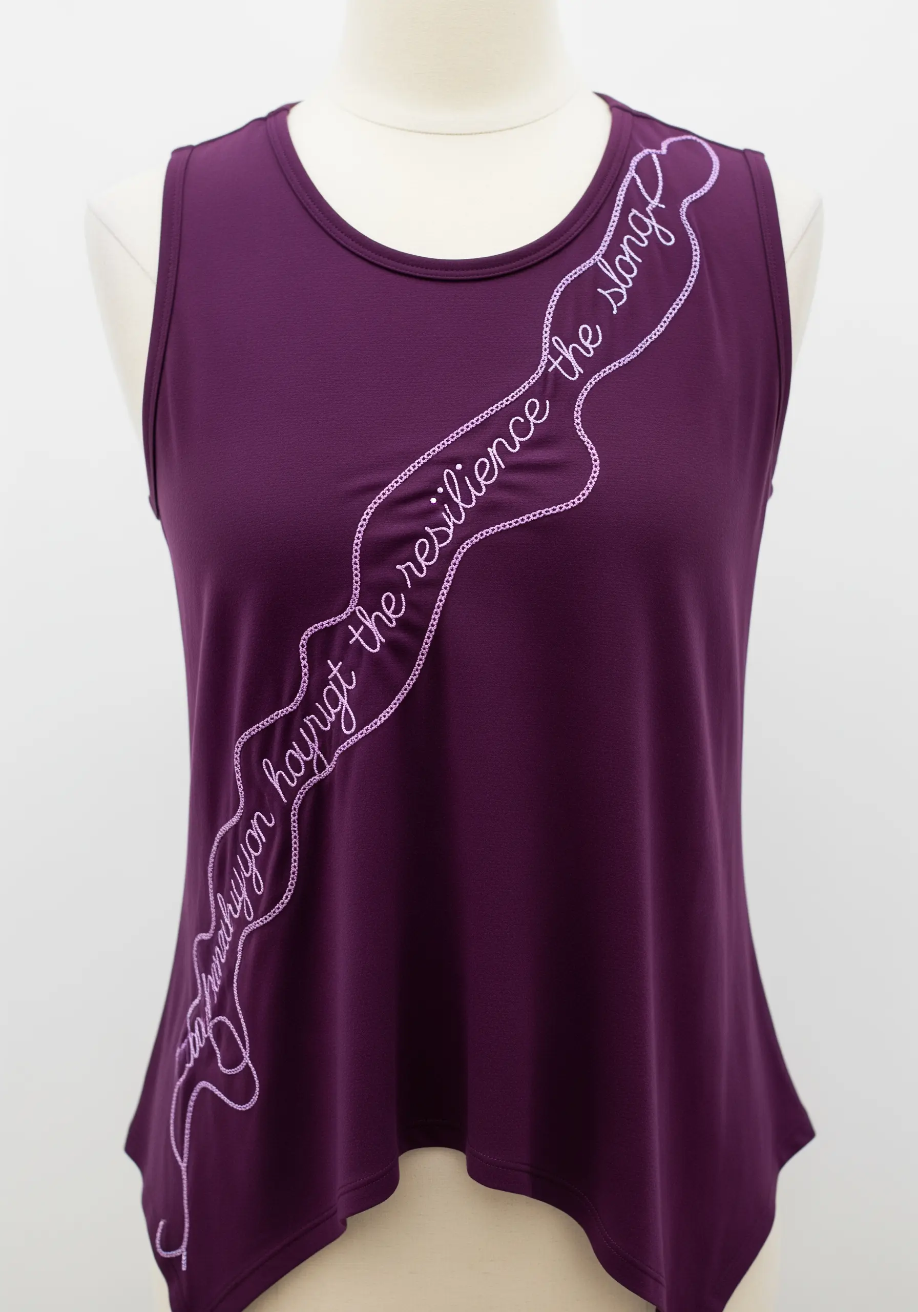 A quote embroidered in white chain stitch following a curved path on a purple tank top.