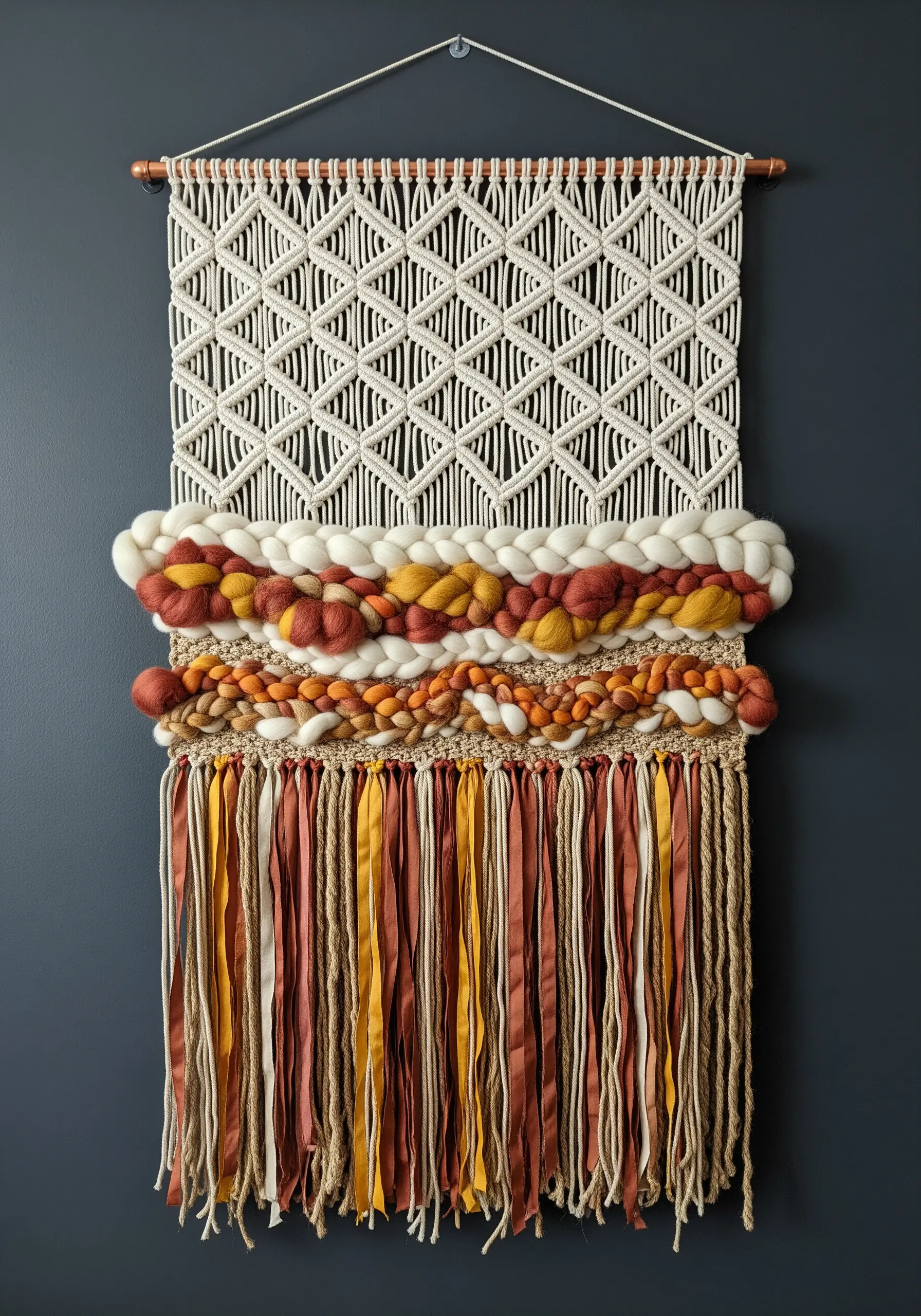 Macrame and woven wall hanging with a textured, earthy-toned fringe.