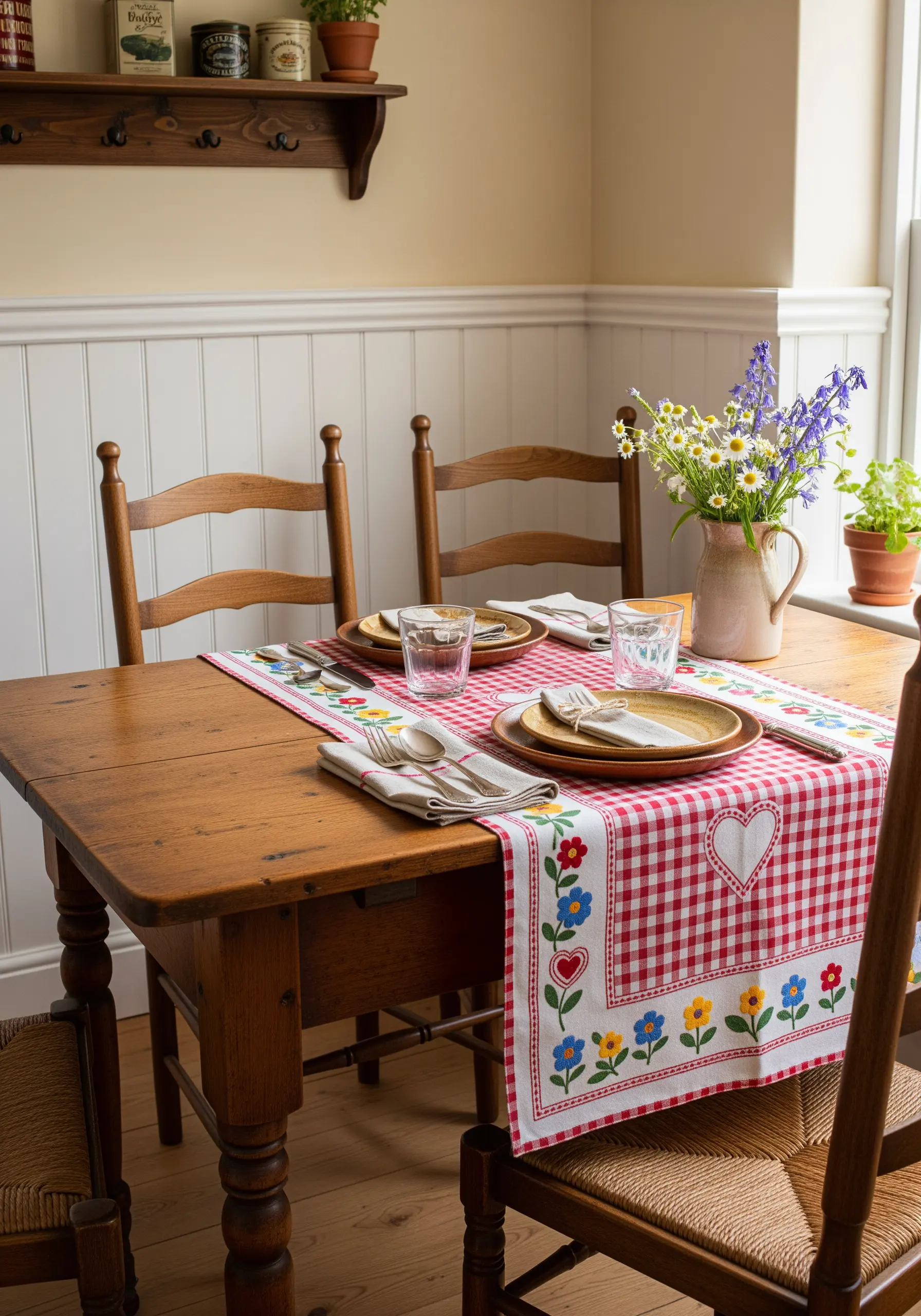 Folk-art flowers and an appliqué heart on a red and white gingham table runner