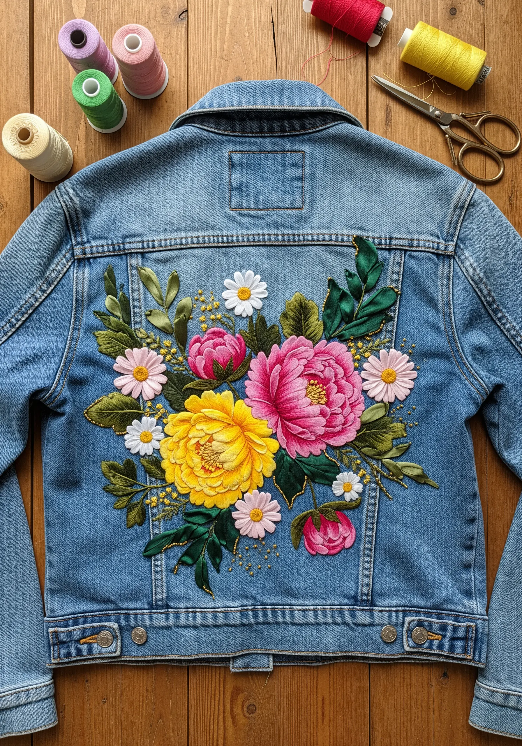 Dimensional ribbon embroidery flowers in pink and yellow on the back of a denim jacket.