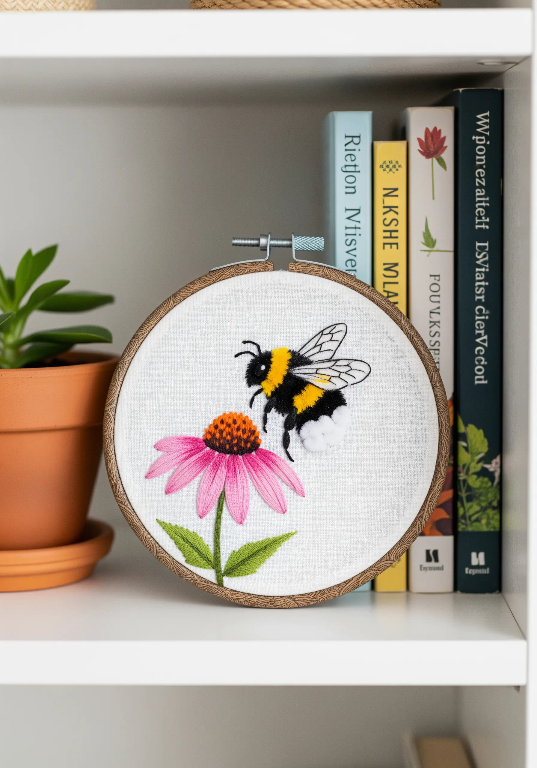 A 3D embroidered bumblebee with a fuzzy body sitting on a pink echinacea flower.
