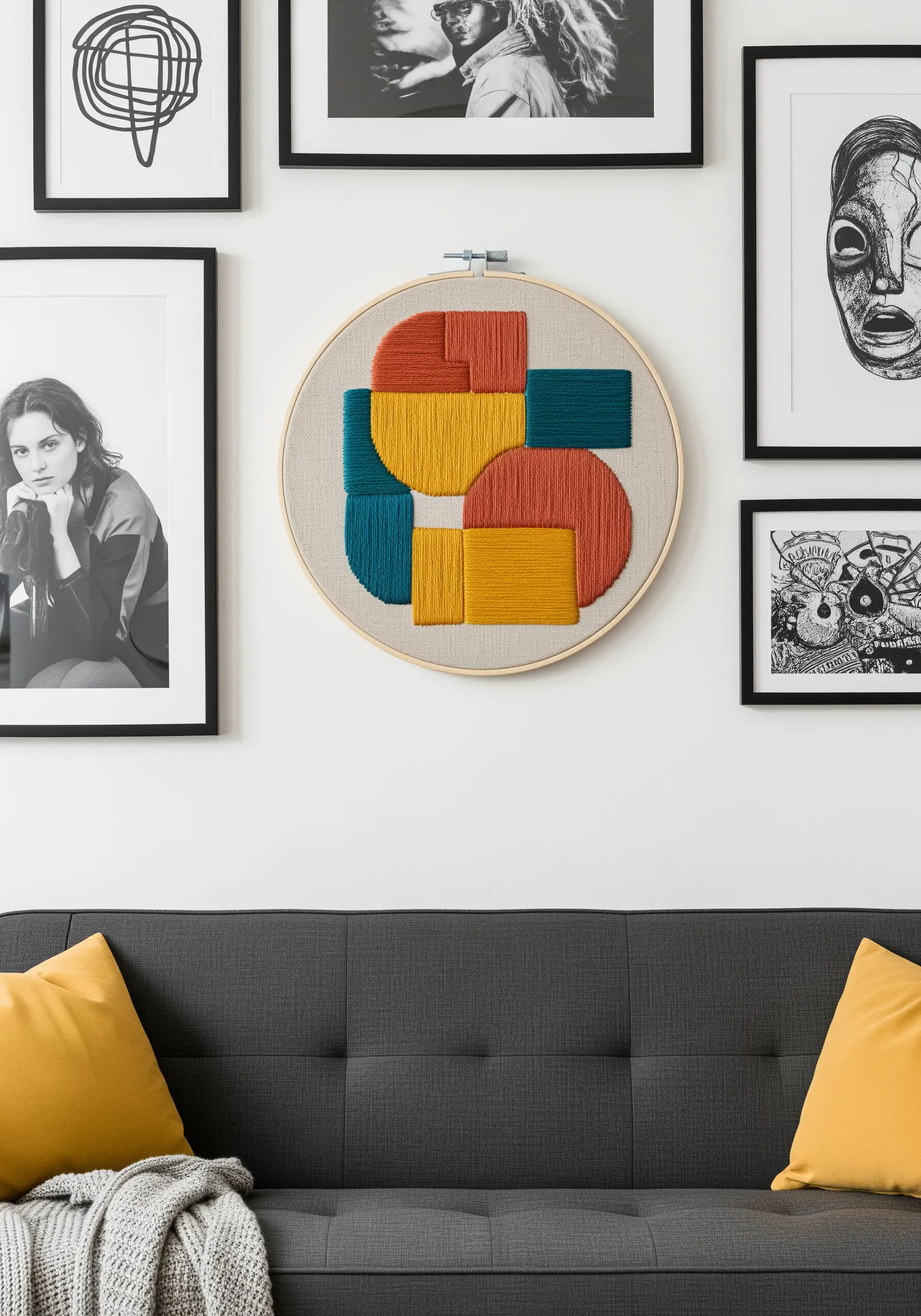 Abstract geometric embroidery with blocks of teal, orange, and yellow.