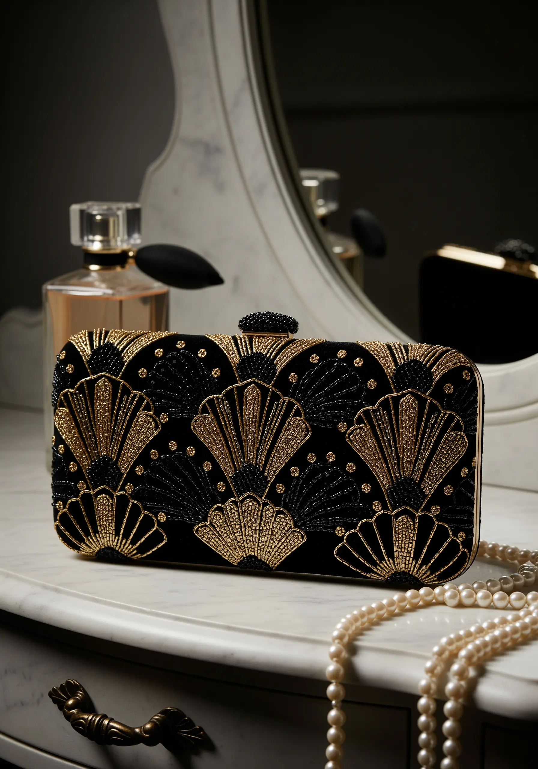 An Art Deco-style black velvet clutch embellished with gold thread and black bead fan patterns.