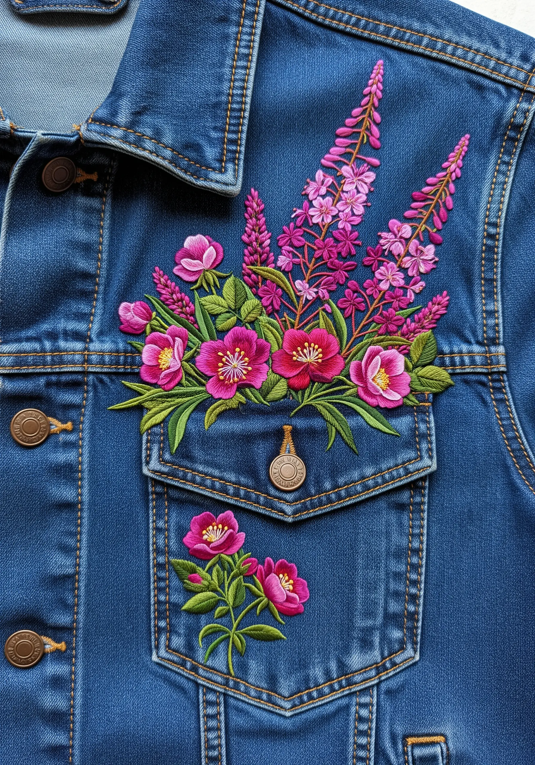 A vibrant pink fireweed bouquet embroidered over the pocket of a blue denim jacket.