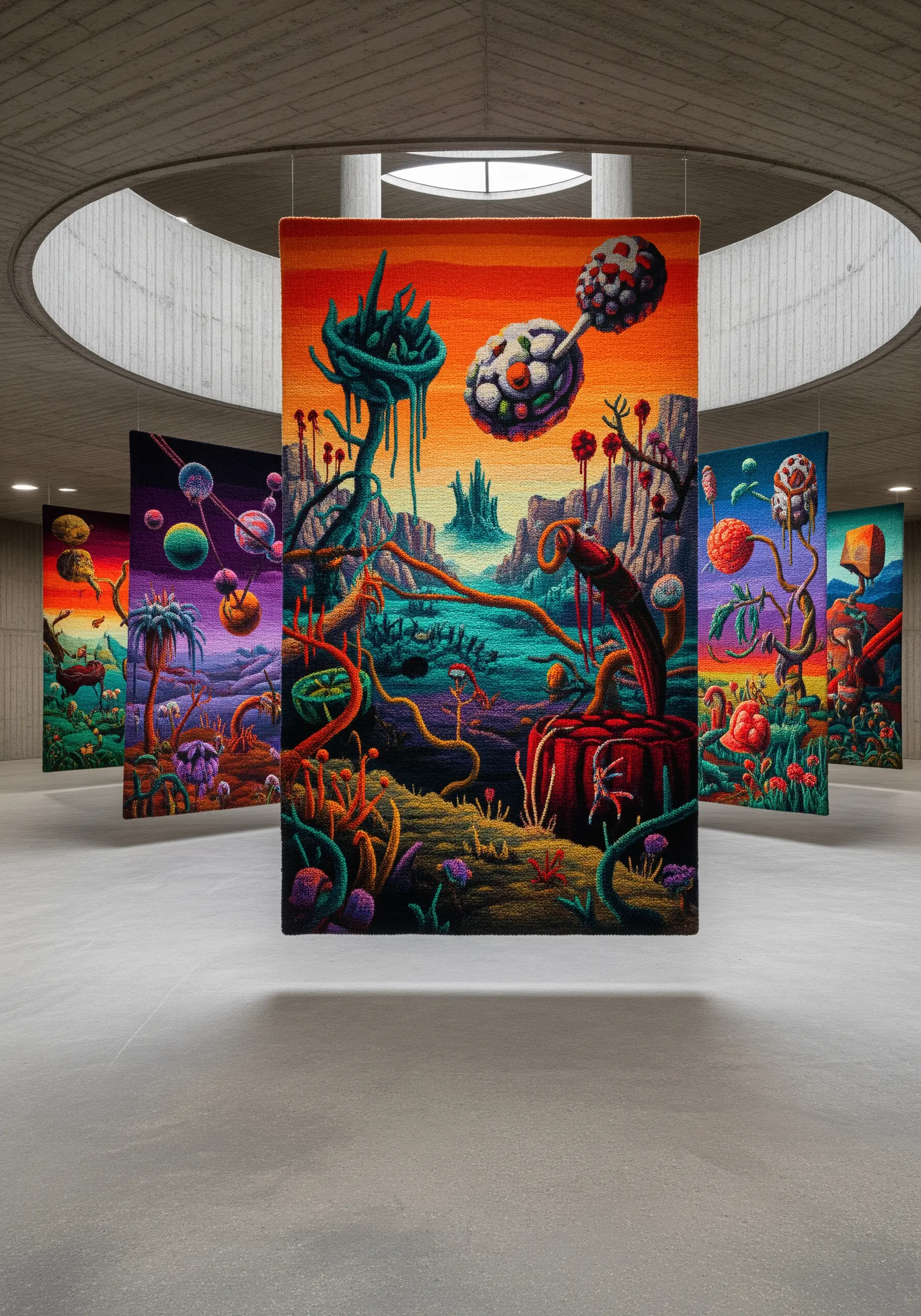 A series of large, colorful tapestries with sharp, defined edges between color blocks.