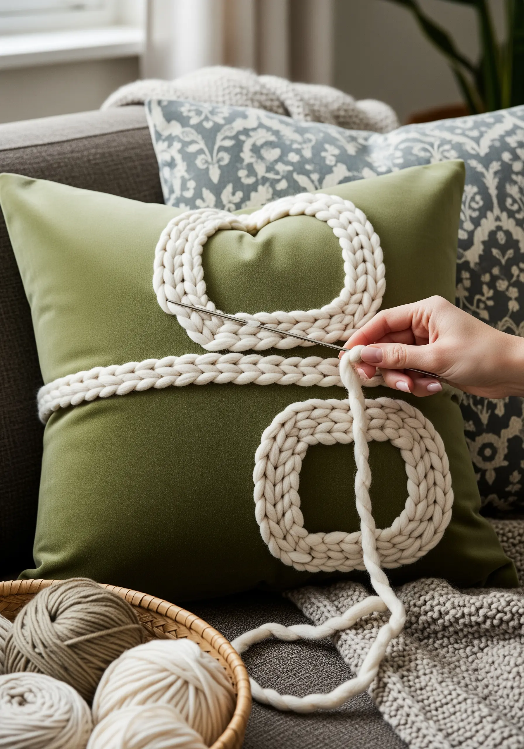 A hand using a needle to couch thick white yarn onto a green pillow cover