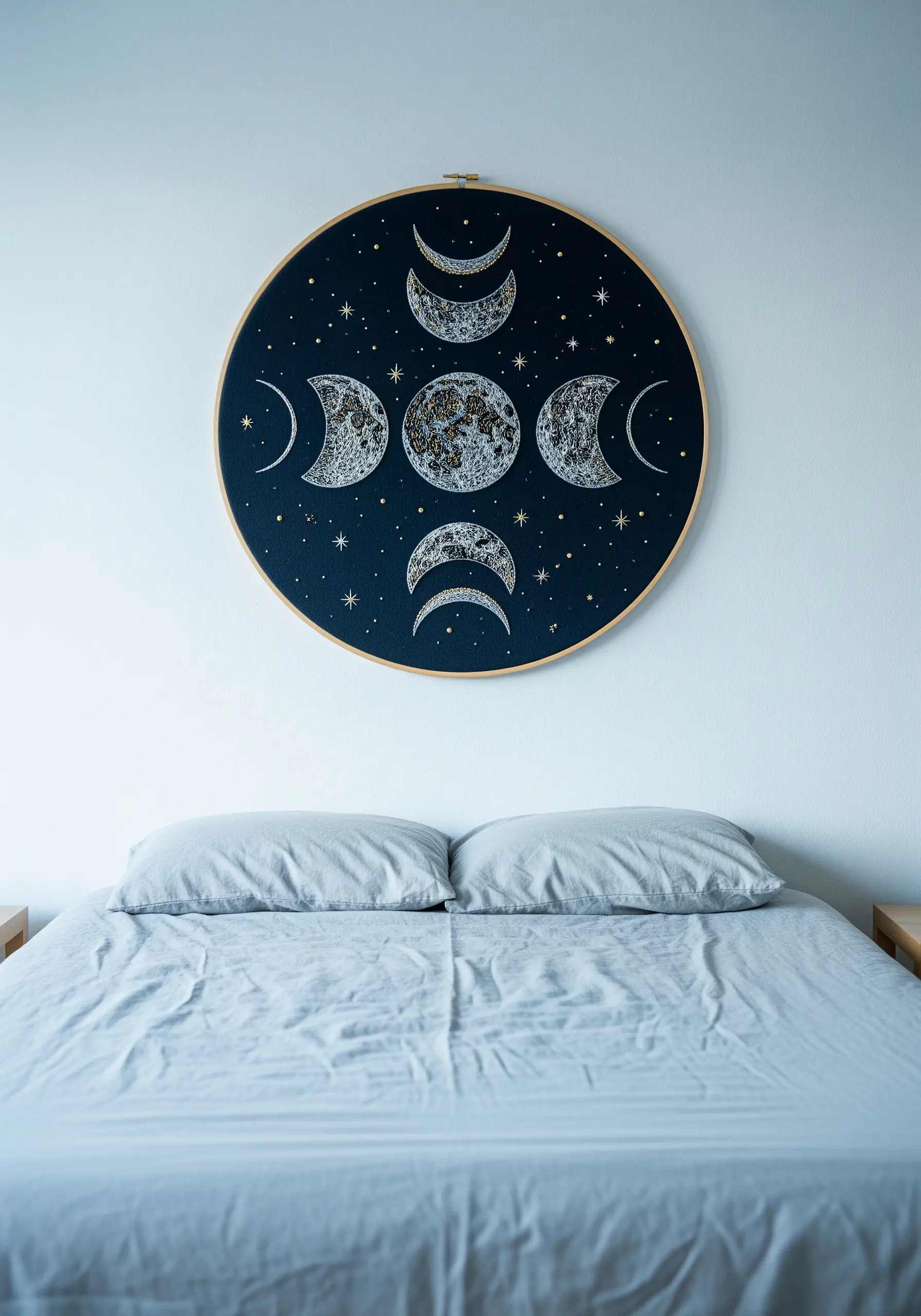 Large embroidery hoop with moon phases stitched in silver and white on dark navy fabric.