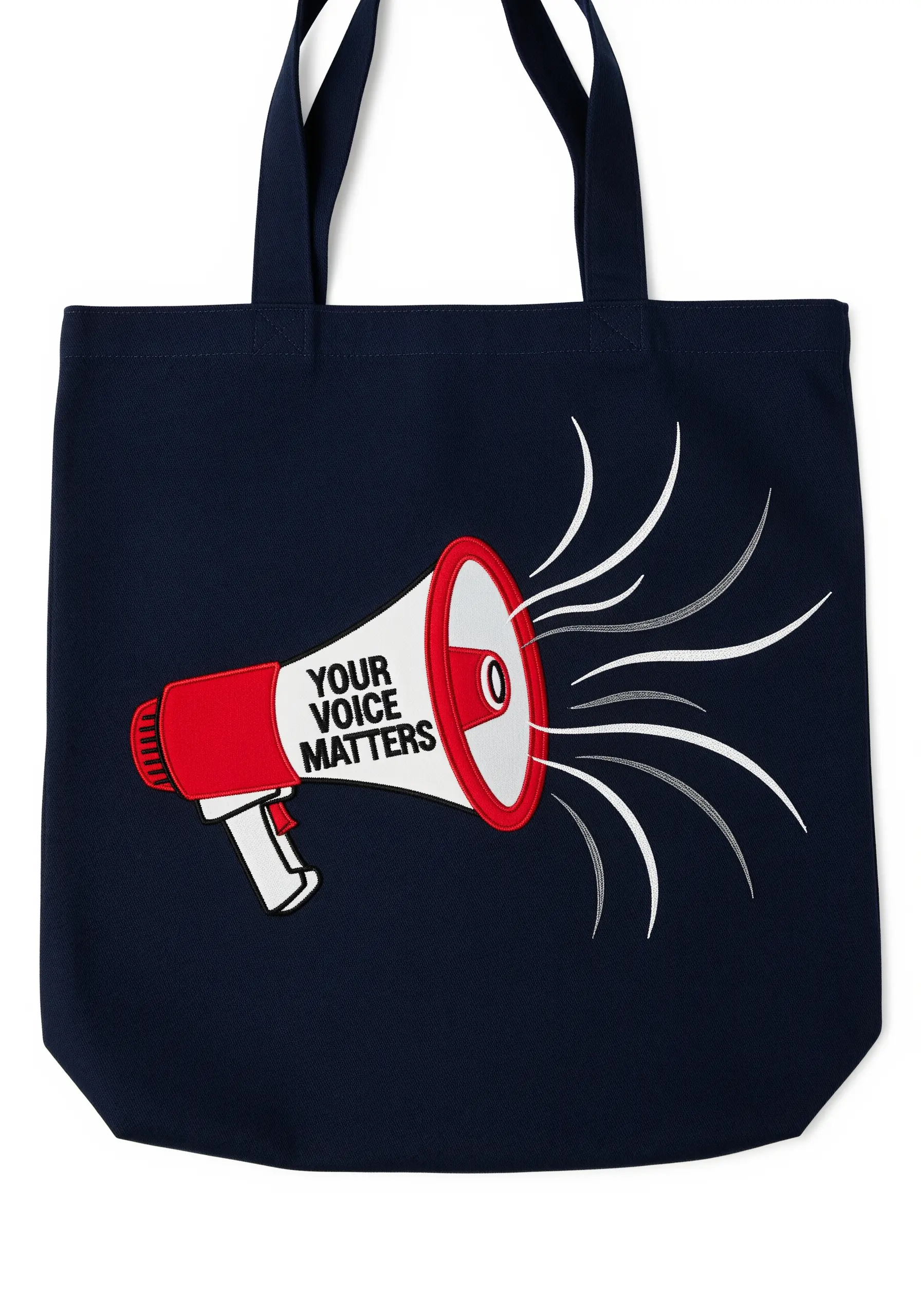 Embroidery of a red and white megaphone with the text 'Your Voice Matters'.