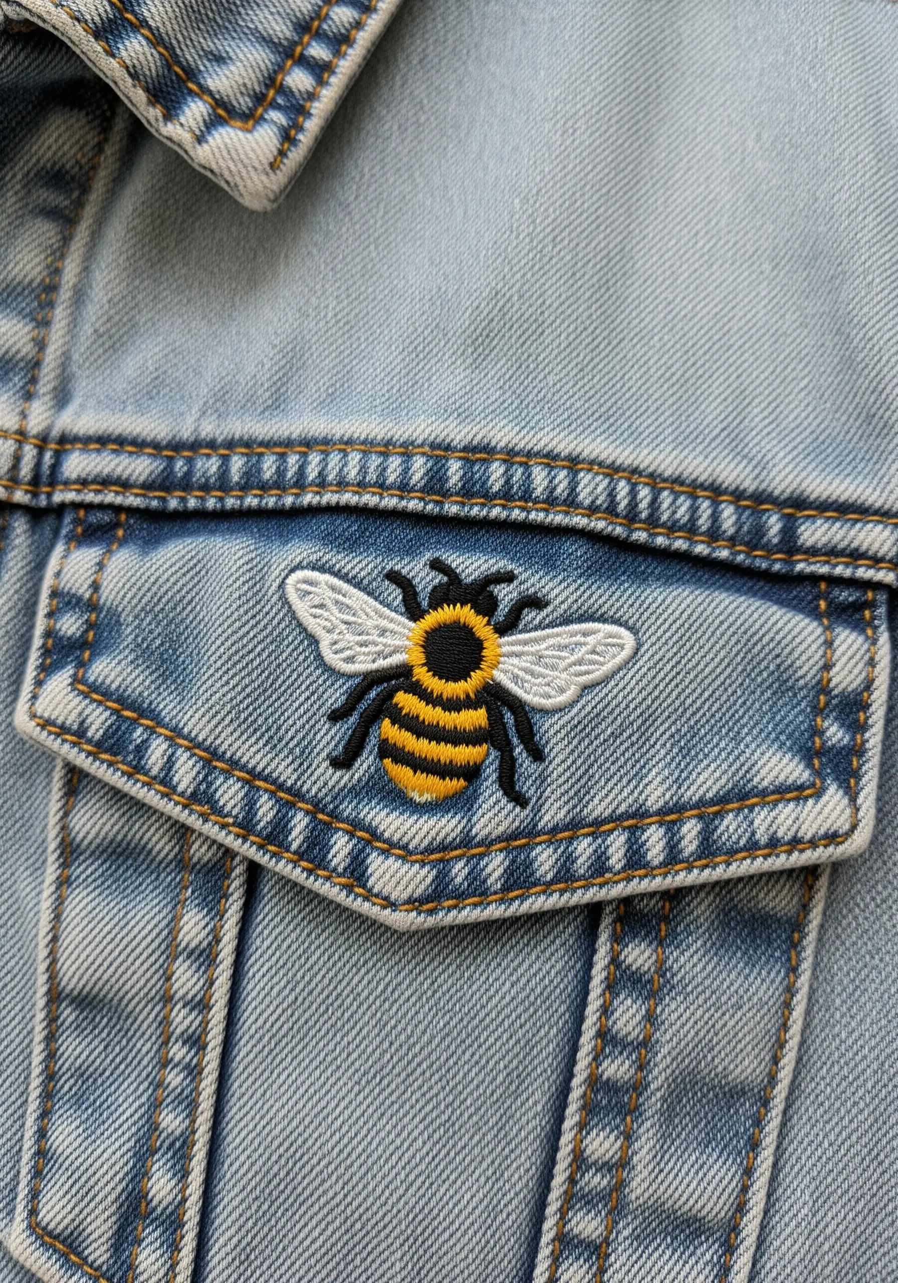 A small, perfectly stitched bee motif embroidered on a denim jacket pocket.