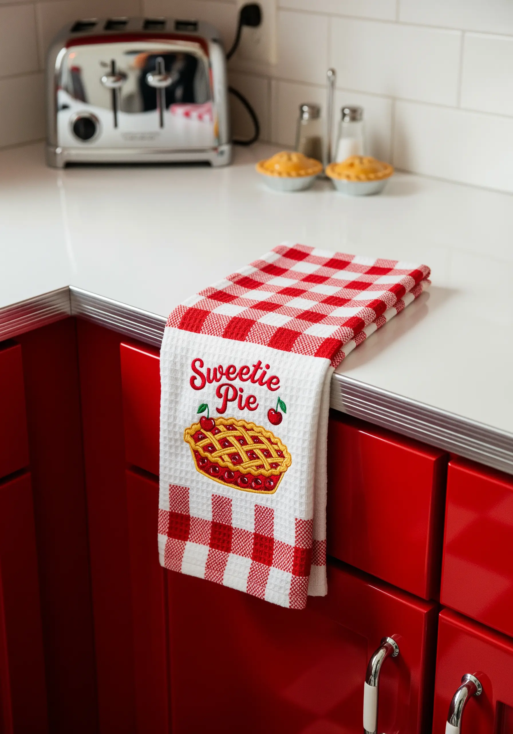 Embroidered cherry pie with the words 'Sweetie Pie' on a red and white gingham towel.