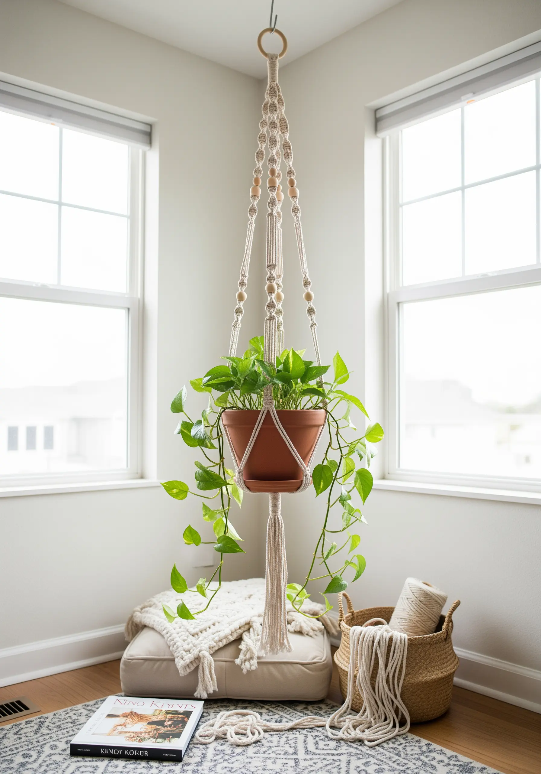 A handmade macrame plant hanger with wooden beads holding a green pothos plant.