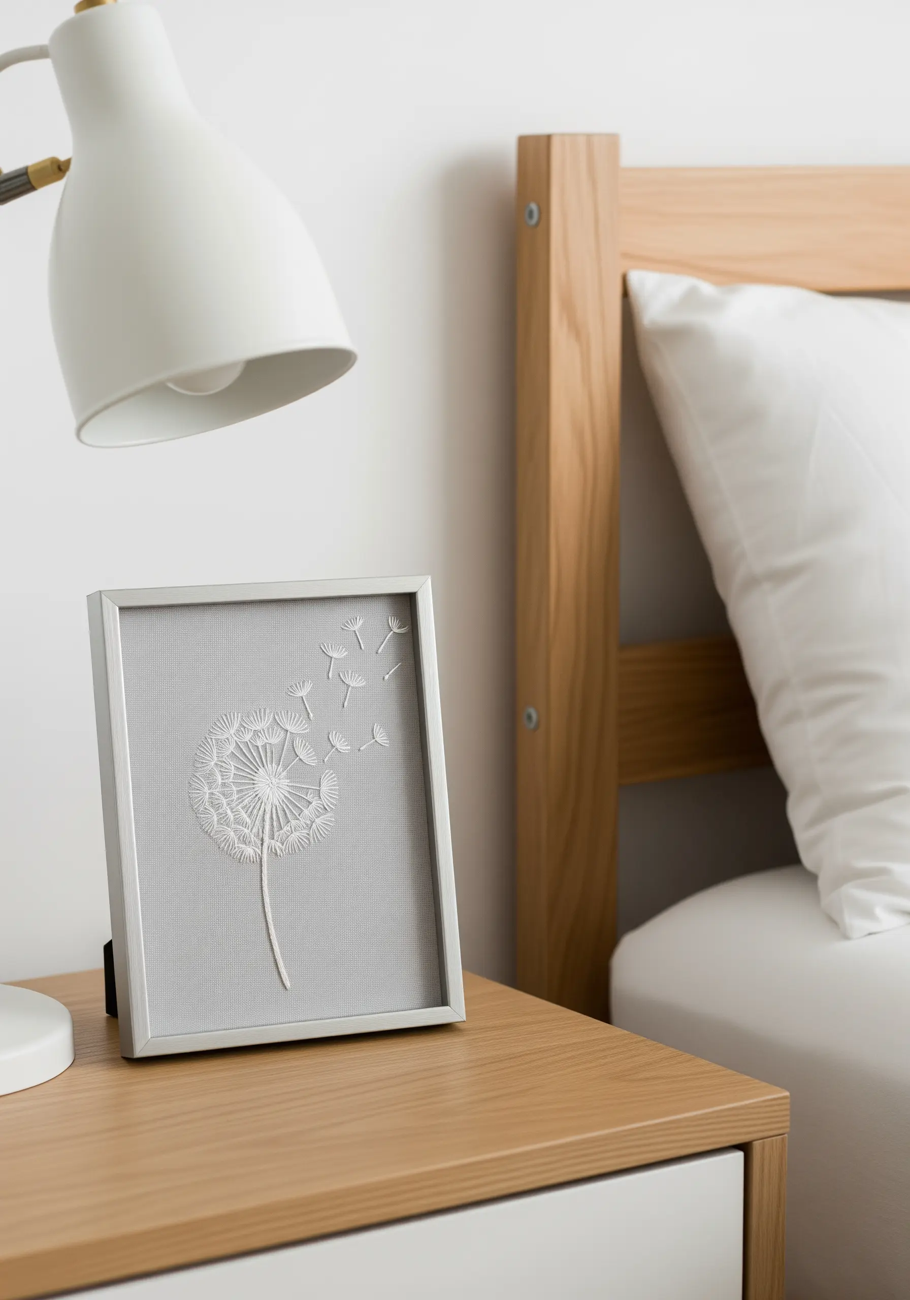 A minimalist white-on-grey embroidery of a dandelion losing its seeds, displayed in a small silver frame.
