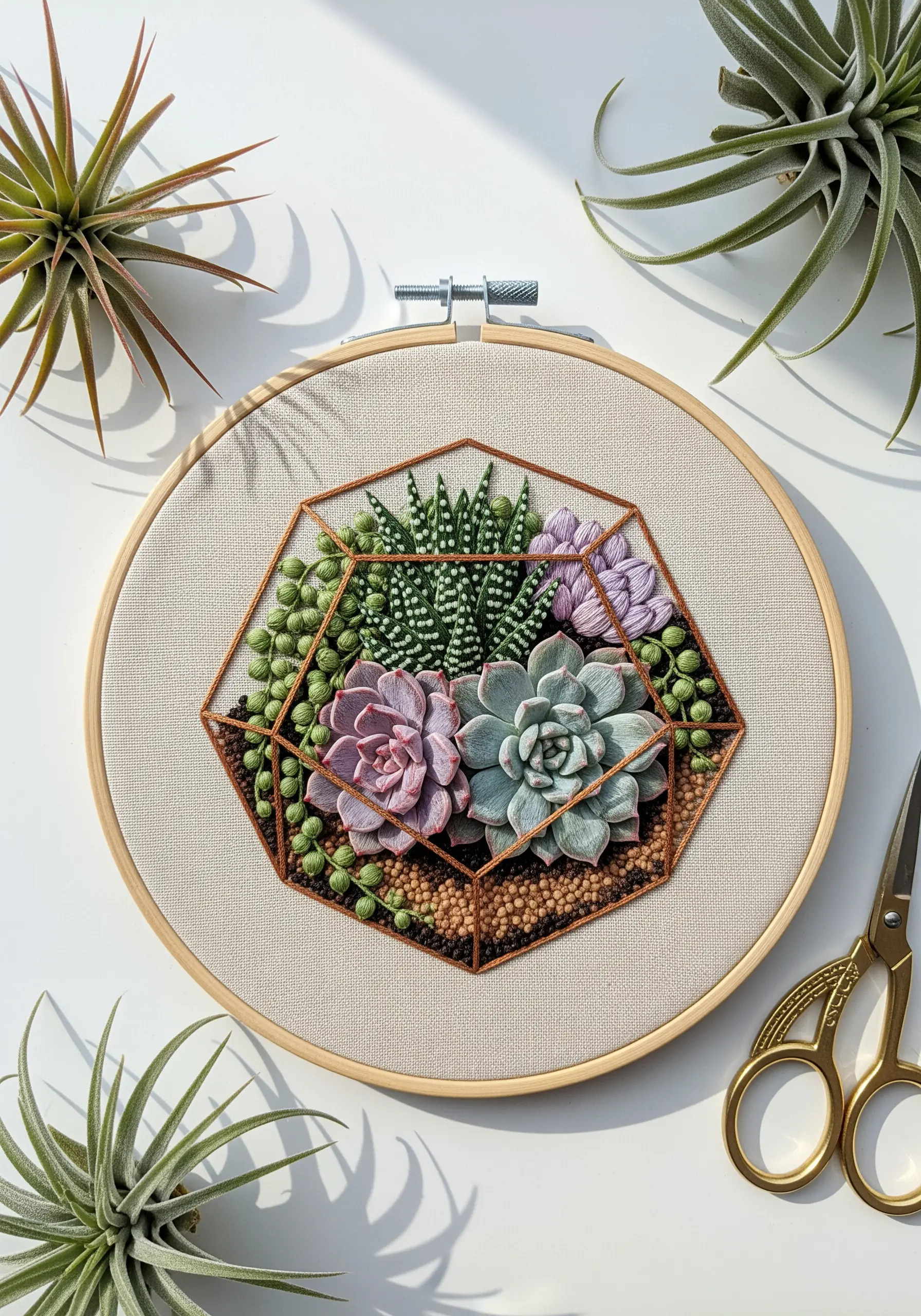 Embroidered terrarium with 3D padded satin stitch succulents and French knot soil