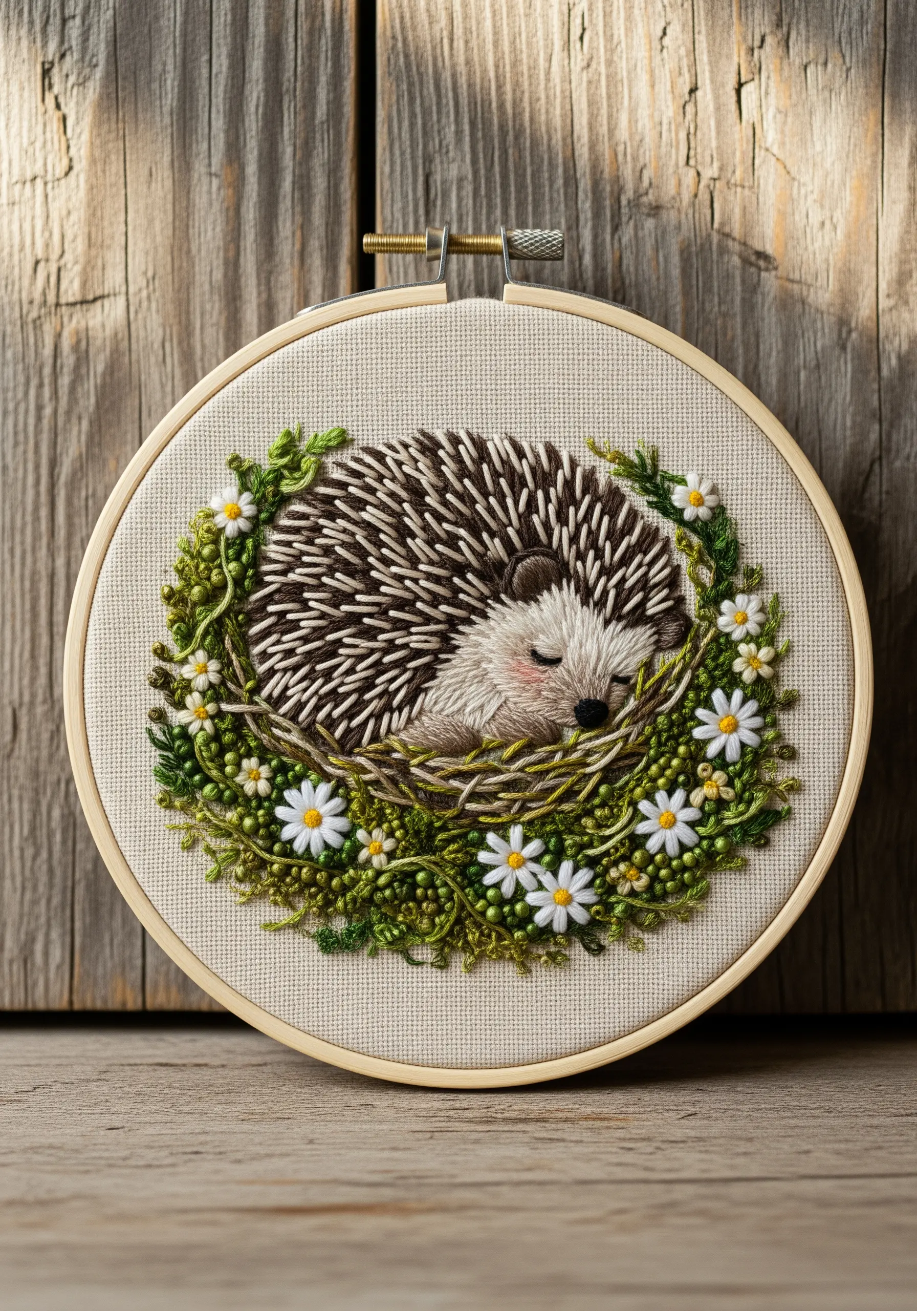 Detailed embroidery of a sleeping hedgehog in a nest of green leaves and white daisies.