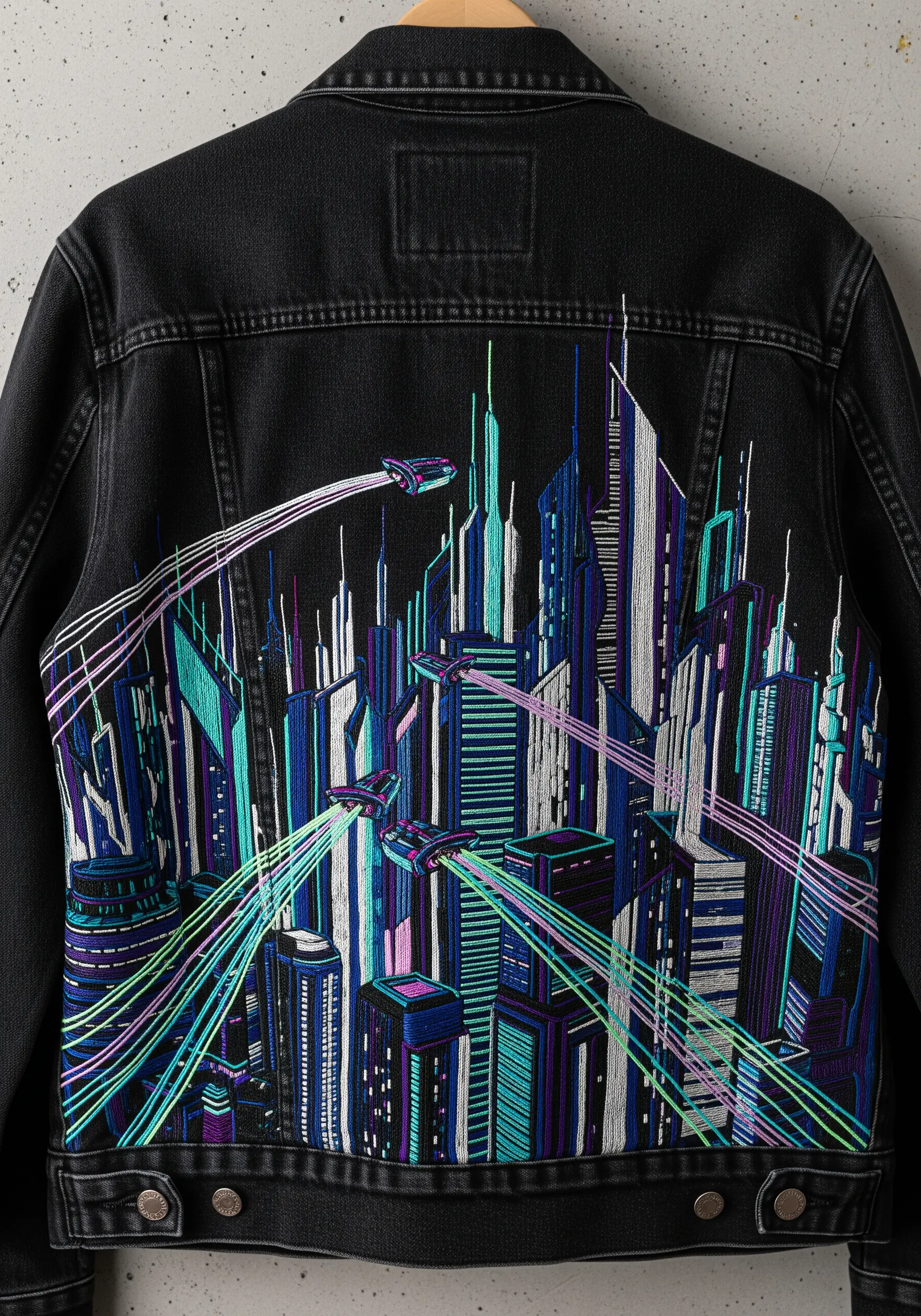 Futuristic city skyline with light trails embroidered on the back of a black denim jacket.