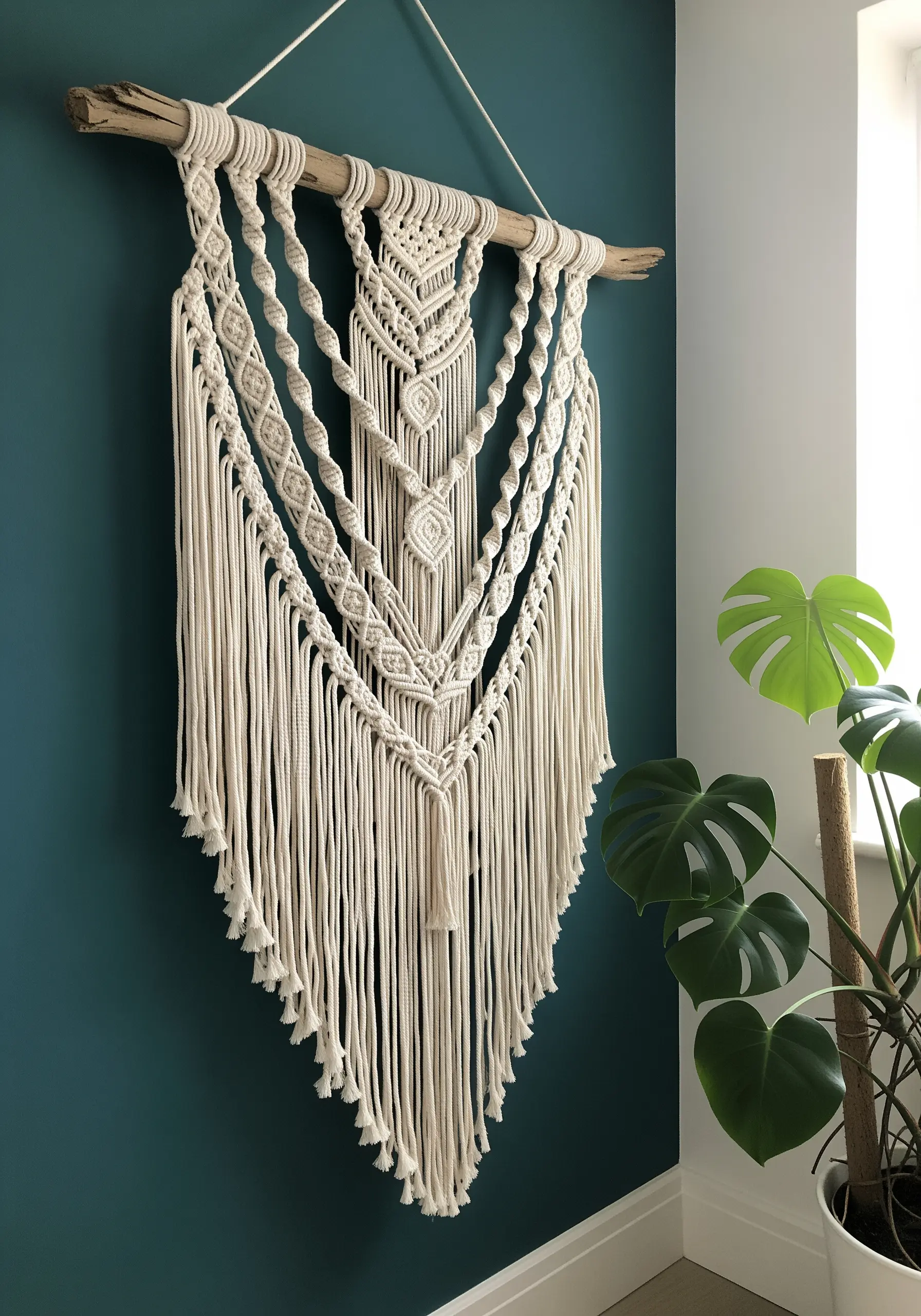Large-scale macrame wall hanging with intricate knots suspended from a piece of driftwood.