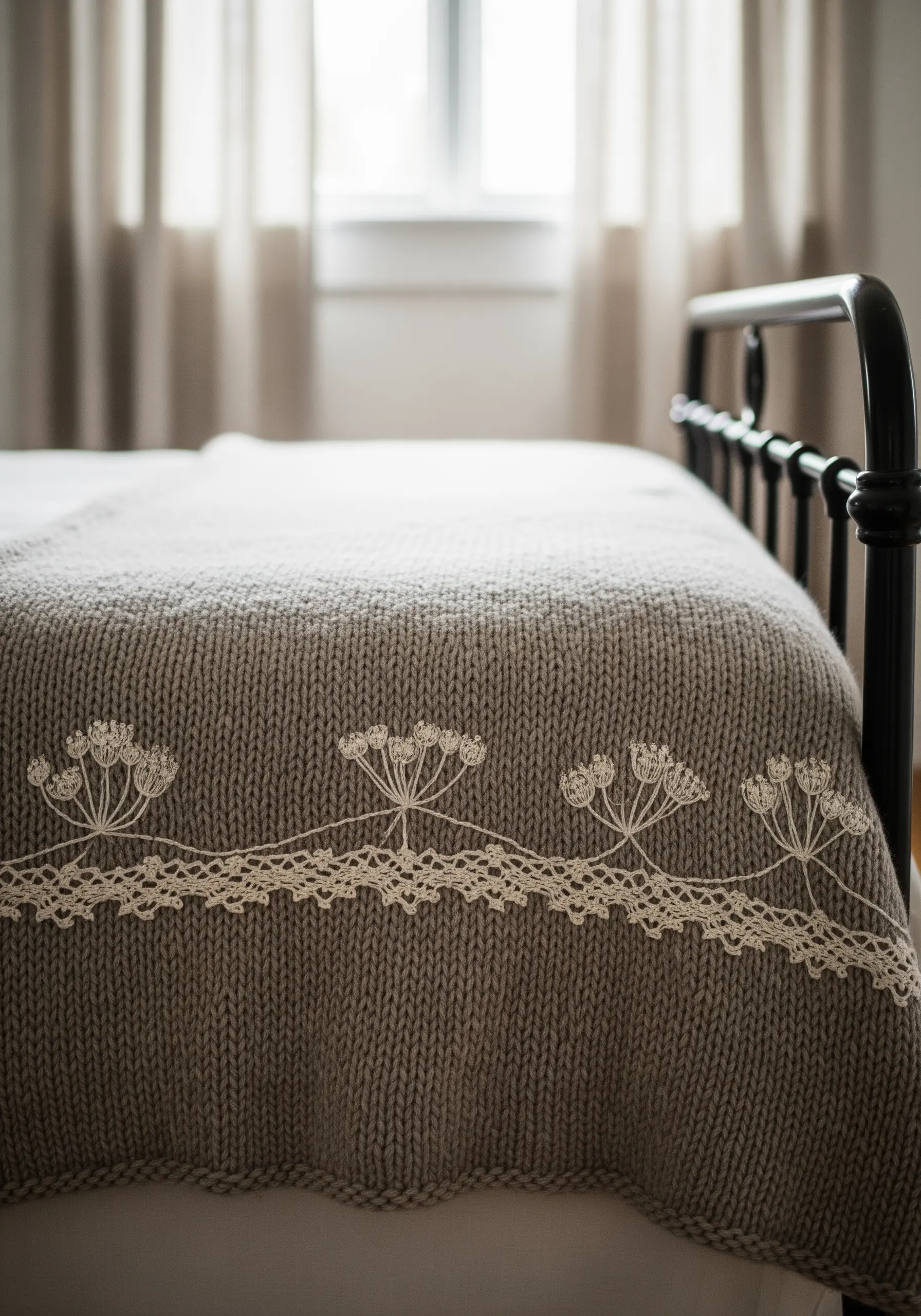 Close-up of cream-colored embroidery on a gray knitted blanket, featuring stylized flowers.