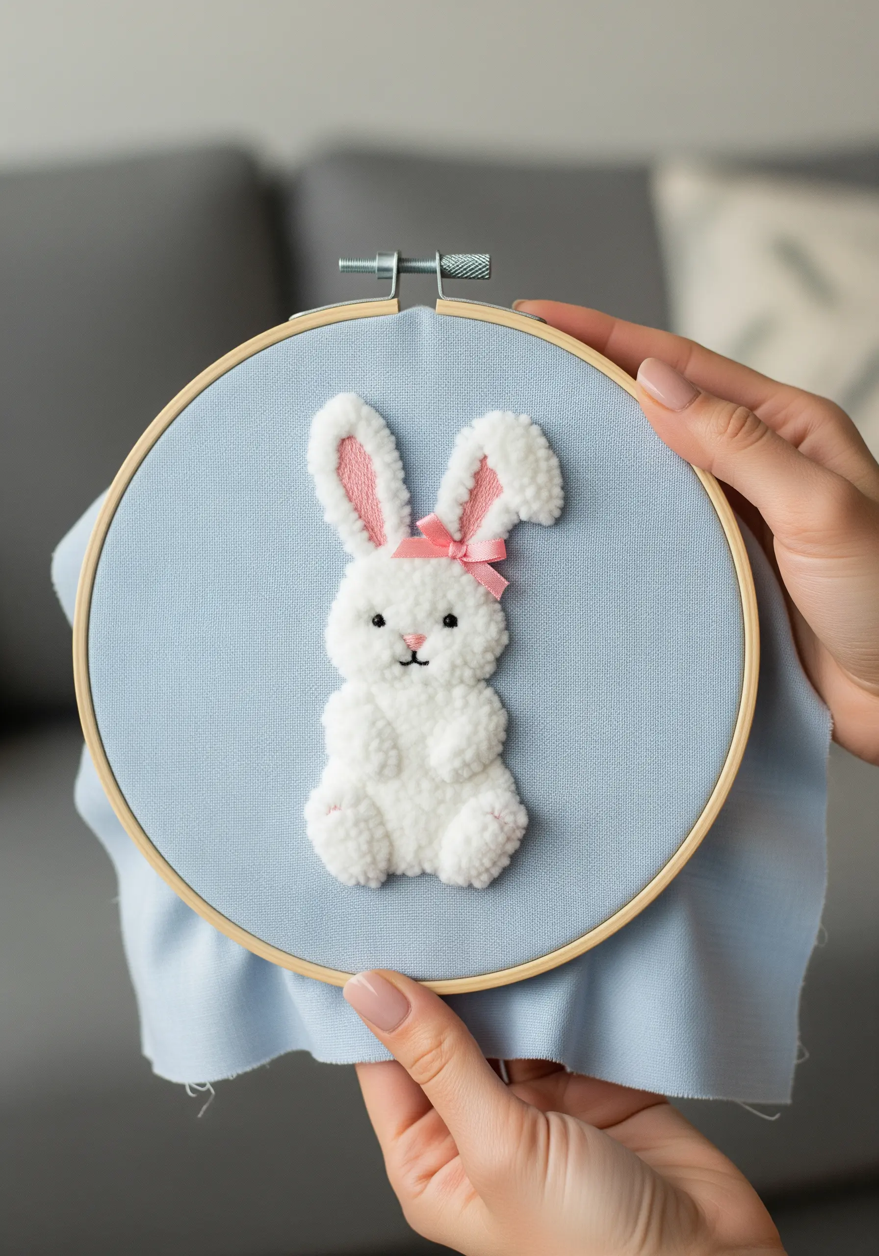 A fluffy white bunny embroidered with turkey work stitch, creating a 3D texture