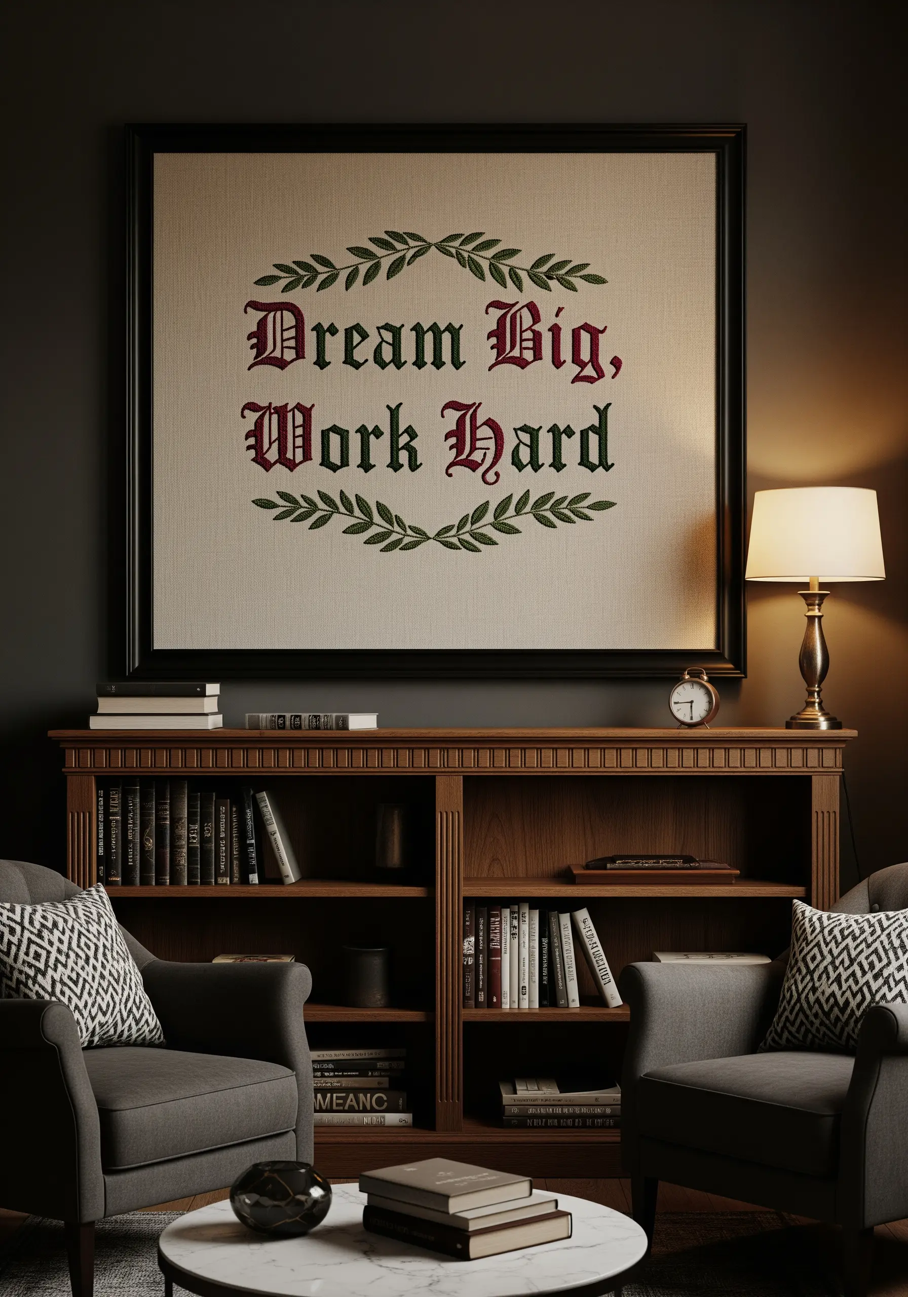 A formal quote in Blackletter font, cross-stitched on linen and framed in a large dark frame.