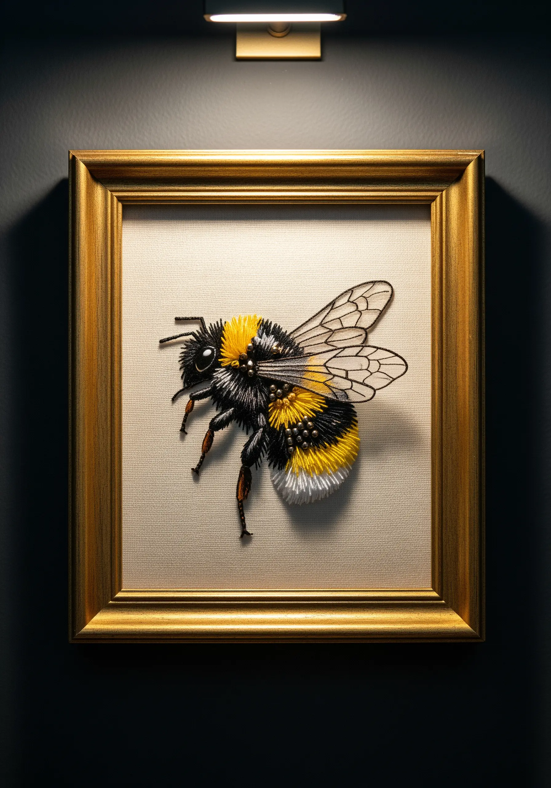 A highly detailed, framed embroidery of a bumblebee with fuzzy, 3D texture.