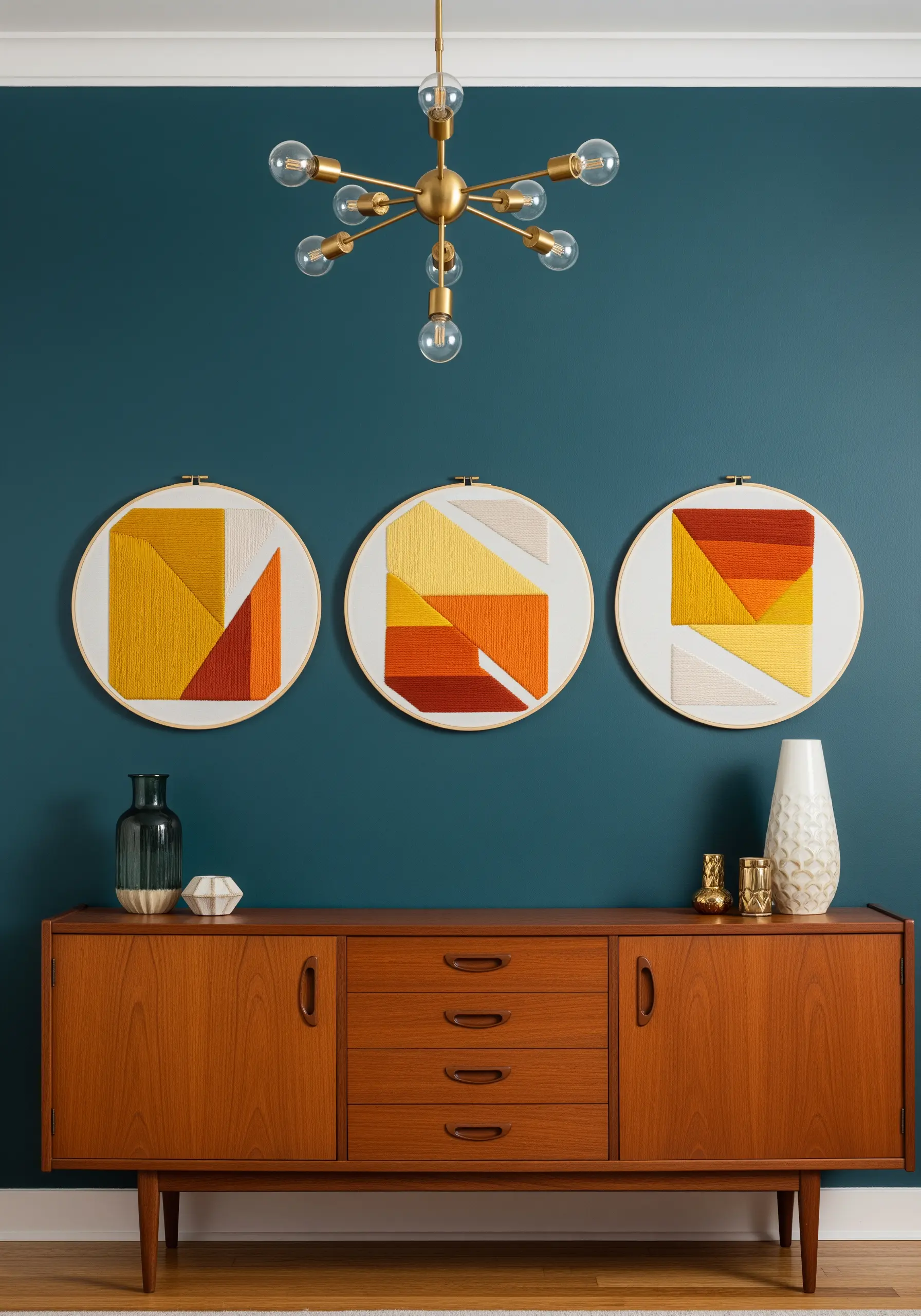 Three embroidery hoops with geometric satin stitch color blocking in warm tones.