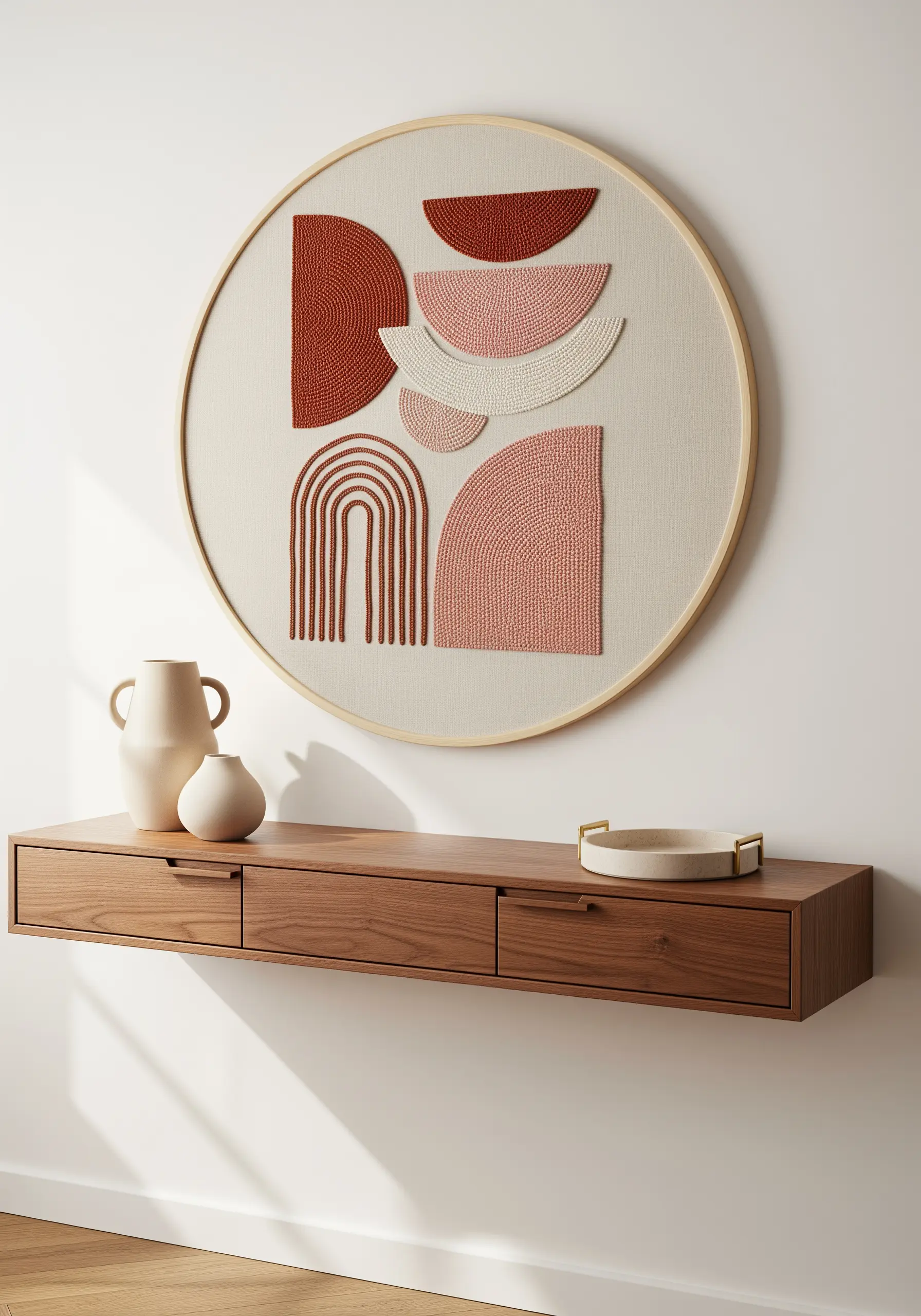Minimalist geometric embroidery with abstract shapes in terracotta and pink on a neutral fabric.