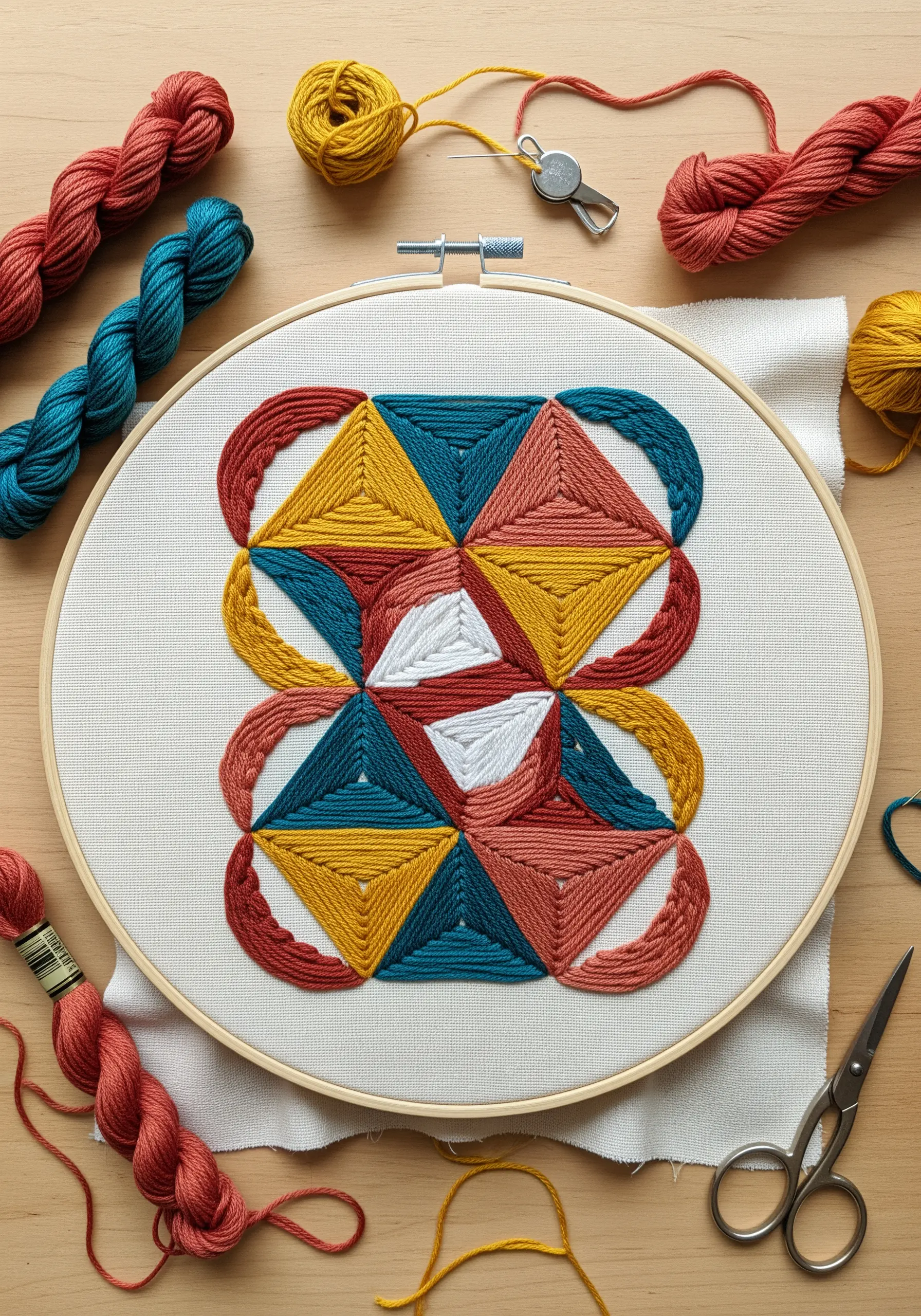 Geometric embroidery pattern with thick, colorful thread in a hoop.