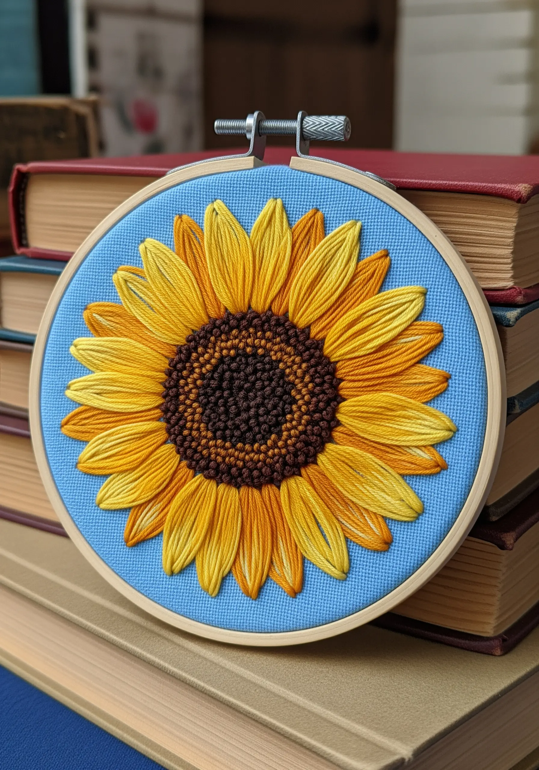 A vibrant sunflower embroidery with long-and-short stitch petals and French knot center.