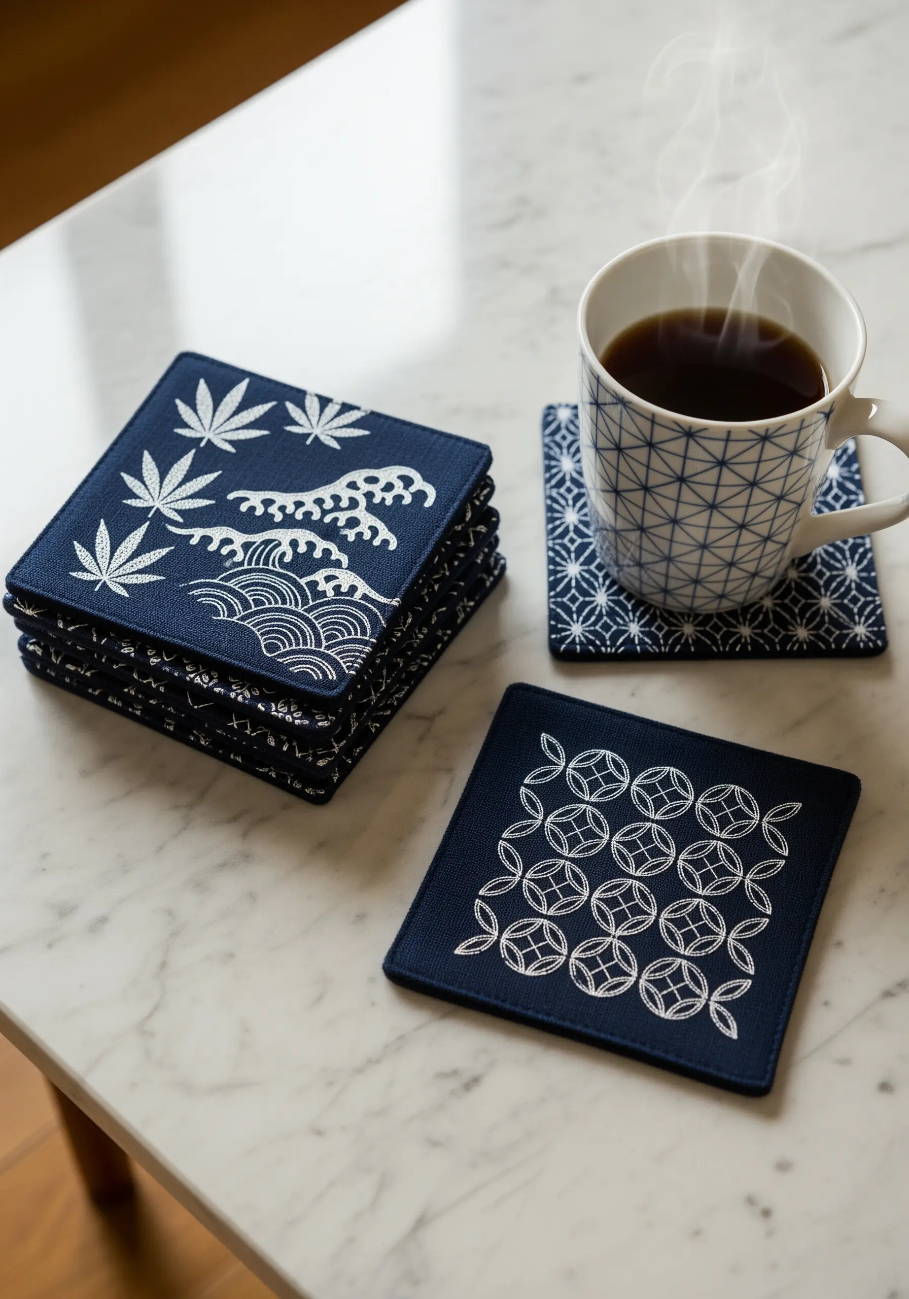 Navy blue coasters with white Japanese-inspired machine embroidery.
