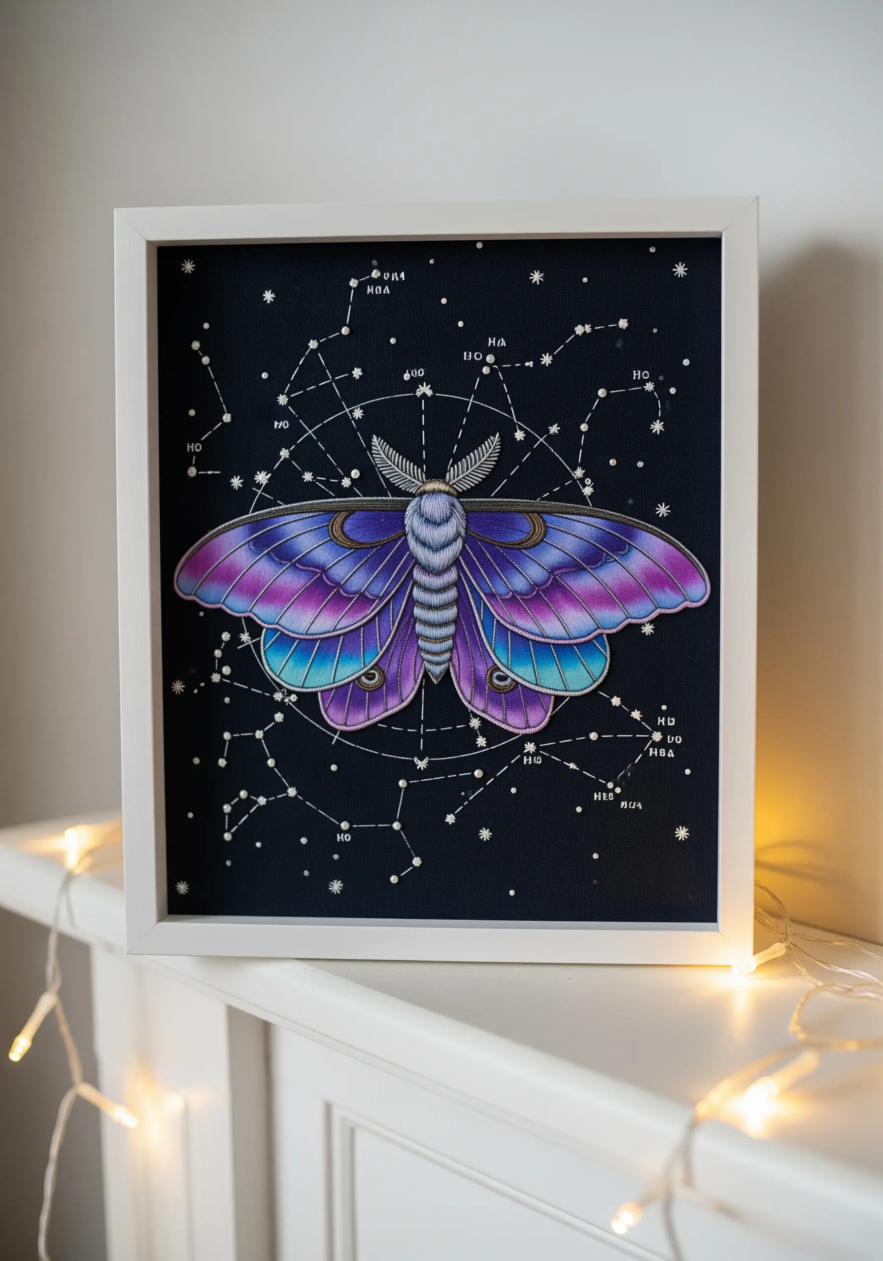 Embroidered celestial moth with purple and blue gradient wings on black fabric.