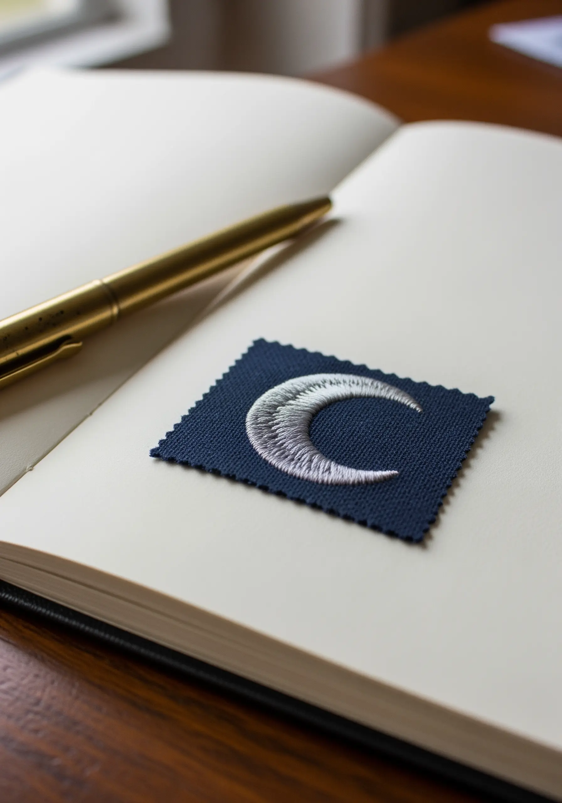 A small, embroidered patch of a crescent moon with a white-to-grey gradient.