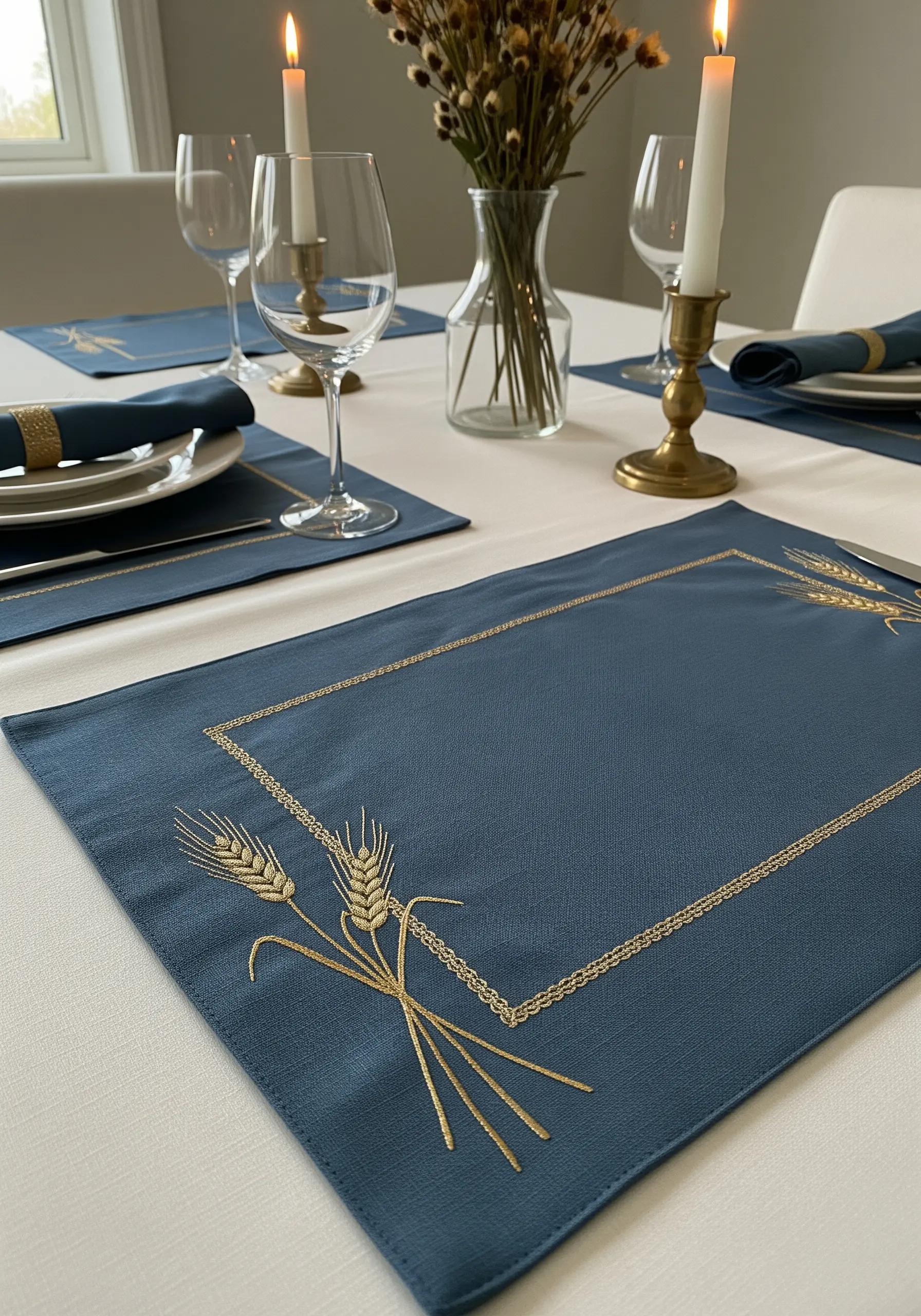 Elegant blue placemats with stalks of wheat embroidered in shimmering gold metallic thread.