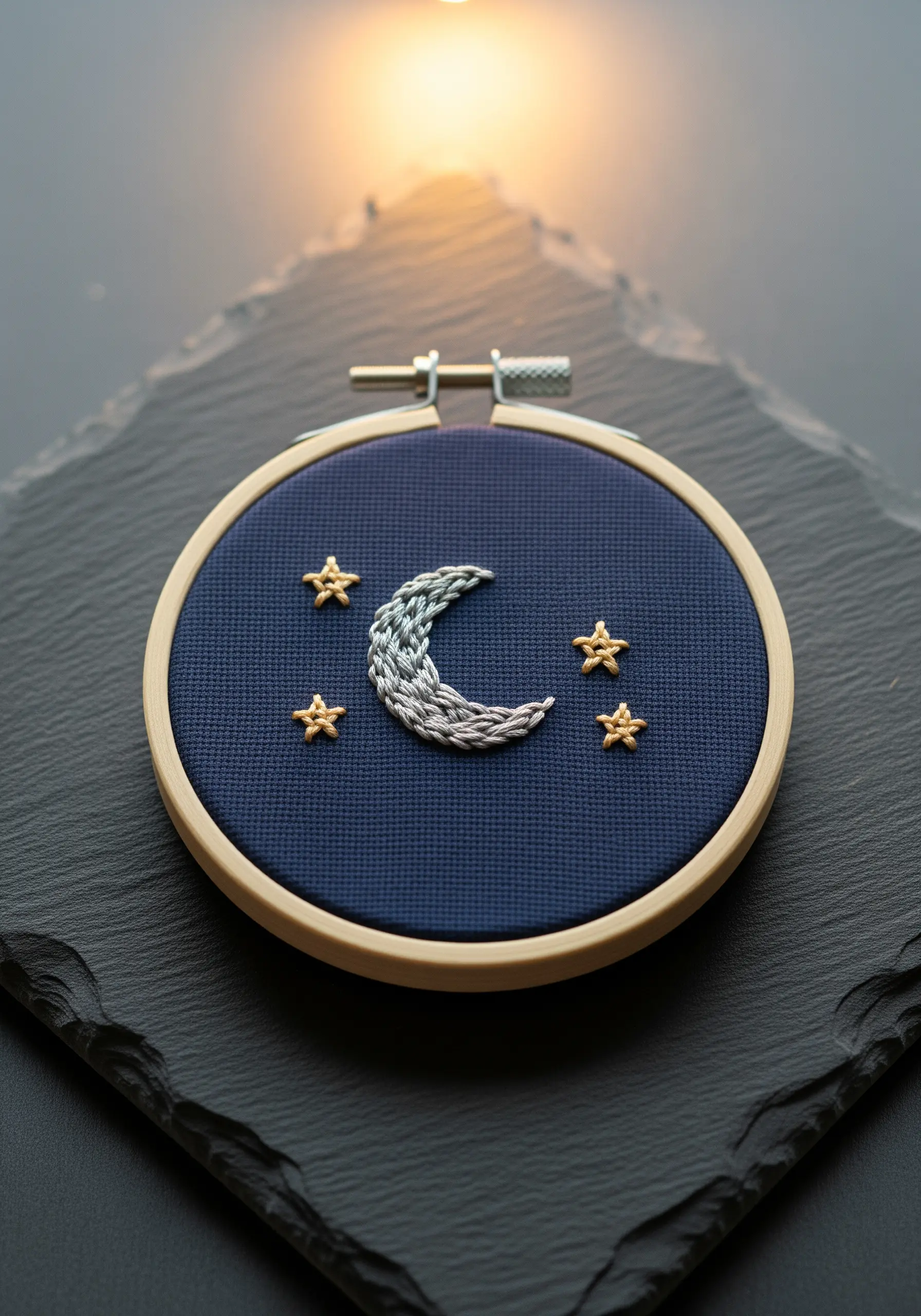 Embroidery of a textured crescent moon and gold stars stitched with metallic thread on navy blue fabric.