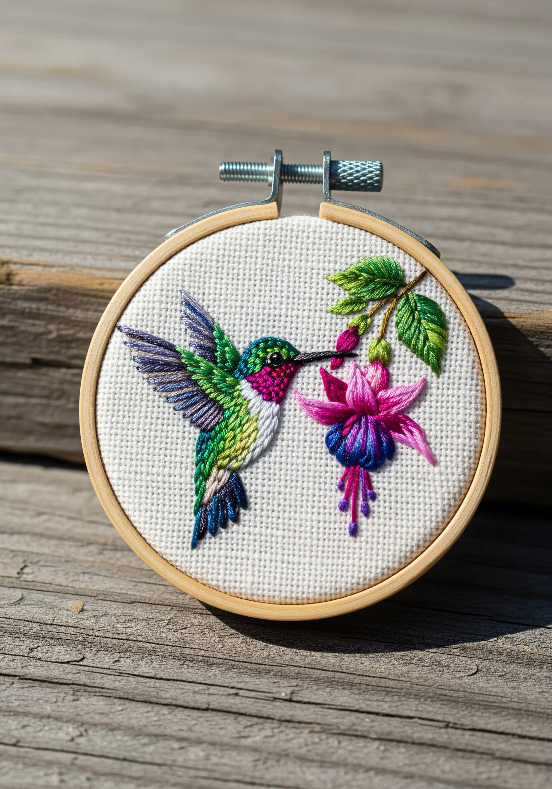 Detailed thread-painted hummingbird and fuchsia flower in a small wooden embroidery hoop.