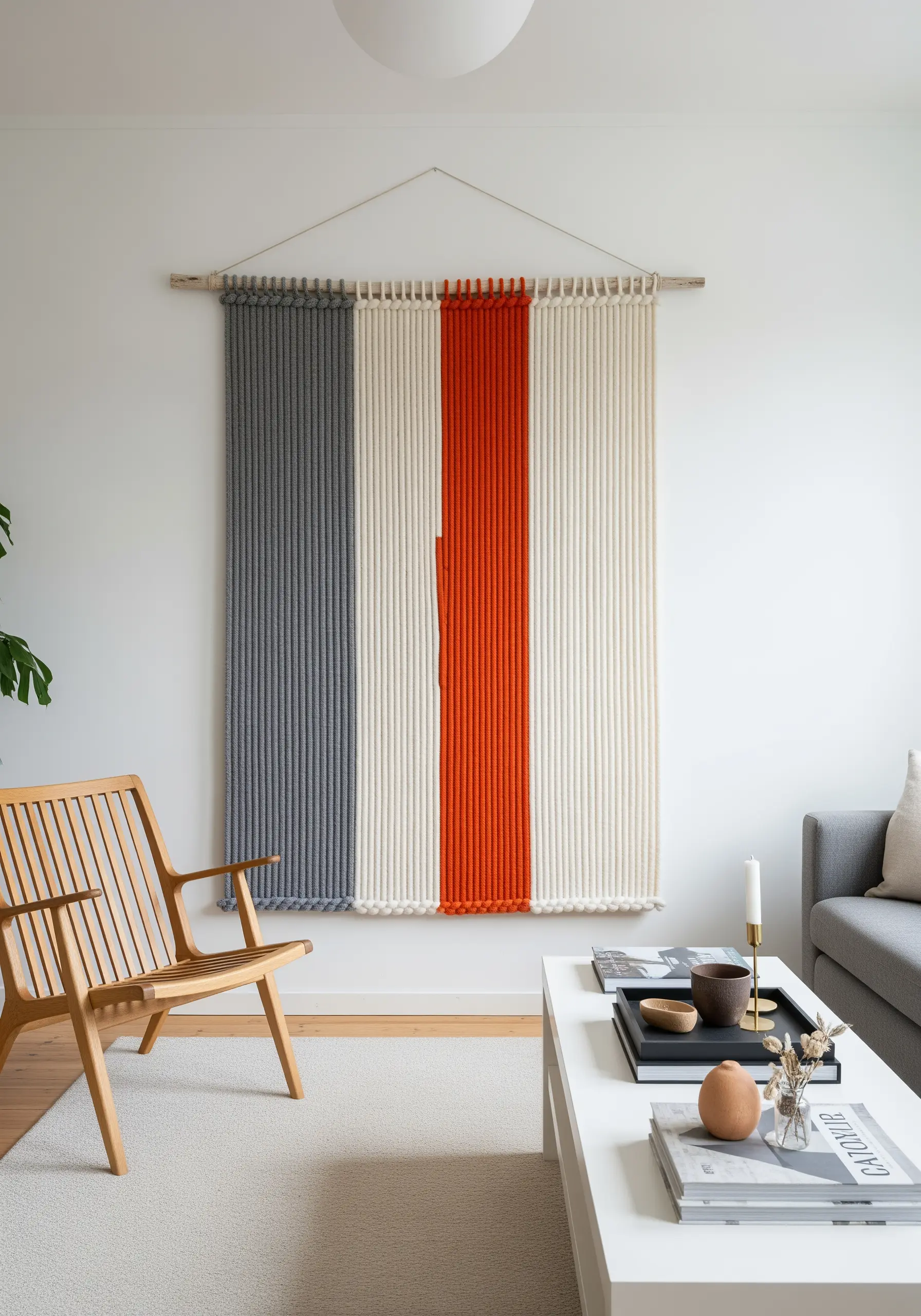 Large, minimalist wall hanging with vertical color blocks of grey, cream, and vibrant orange yarn.