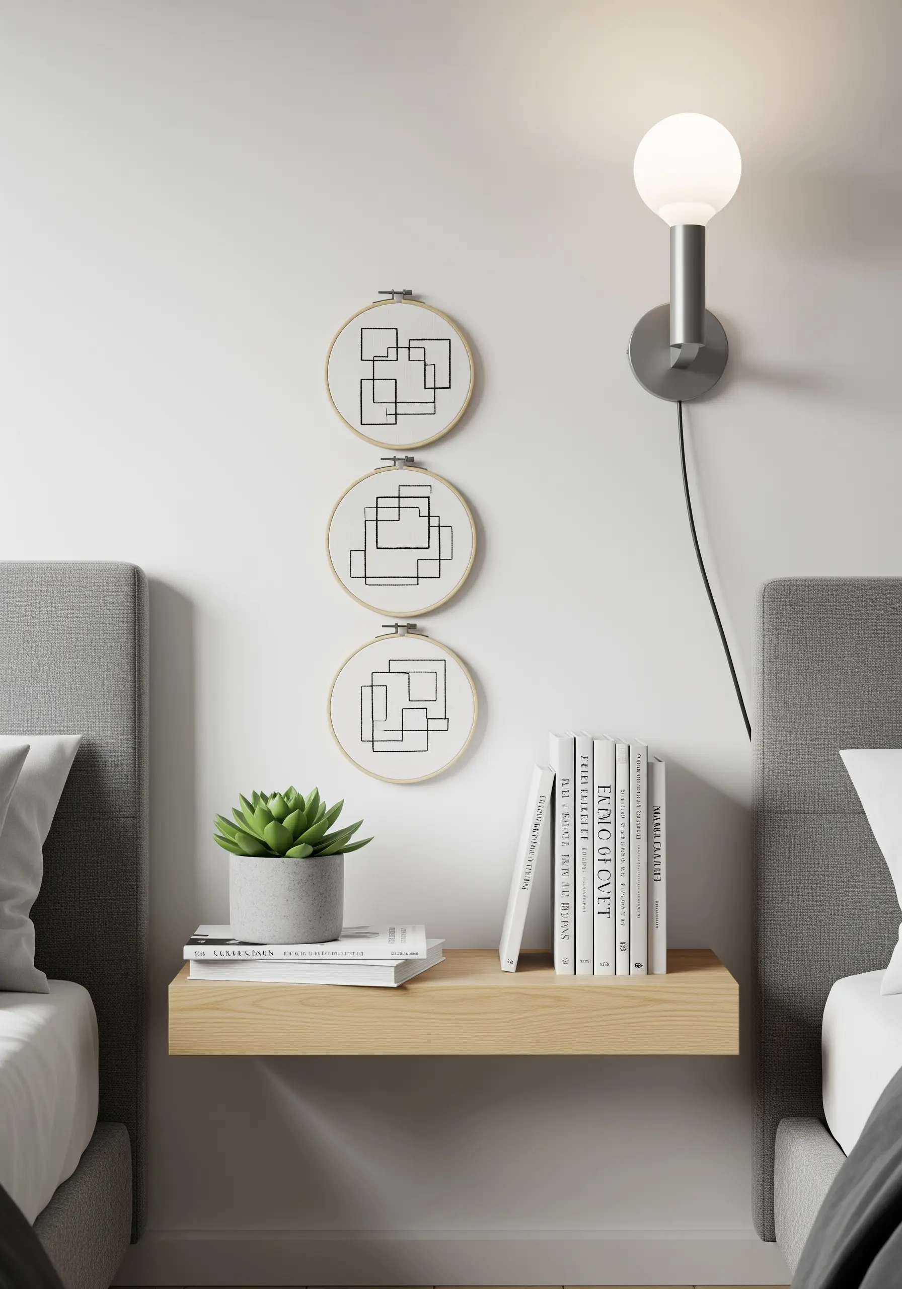 Three minimalist embroidery hoops with overlapping geometric squares stitched in black thread.