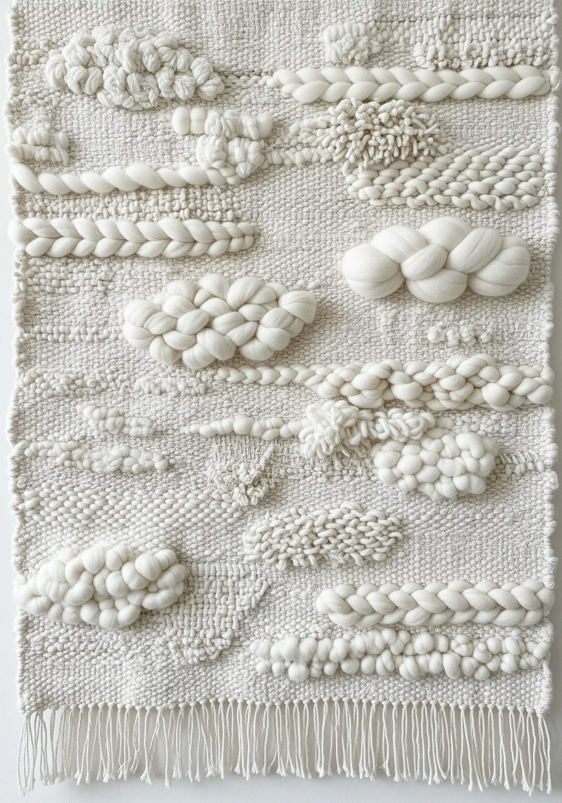 A monochromatic white woven wall hanging featuring a wide variety of textures and knots.