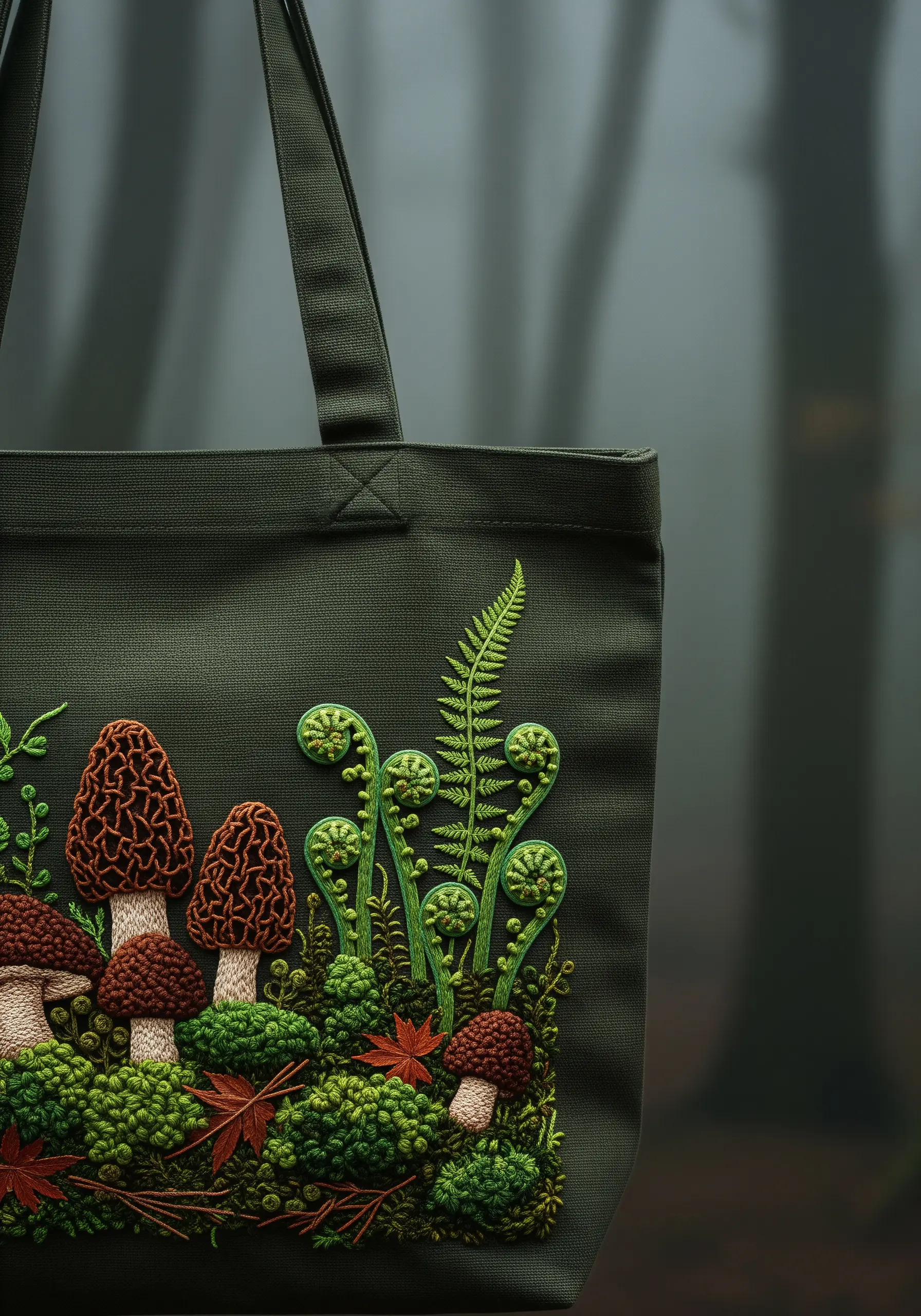 A detailed forest floor scene with morel mushrooms and ferns on an olive green tote.