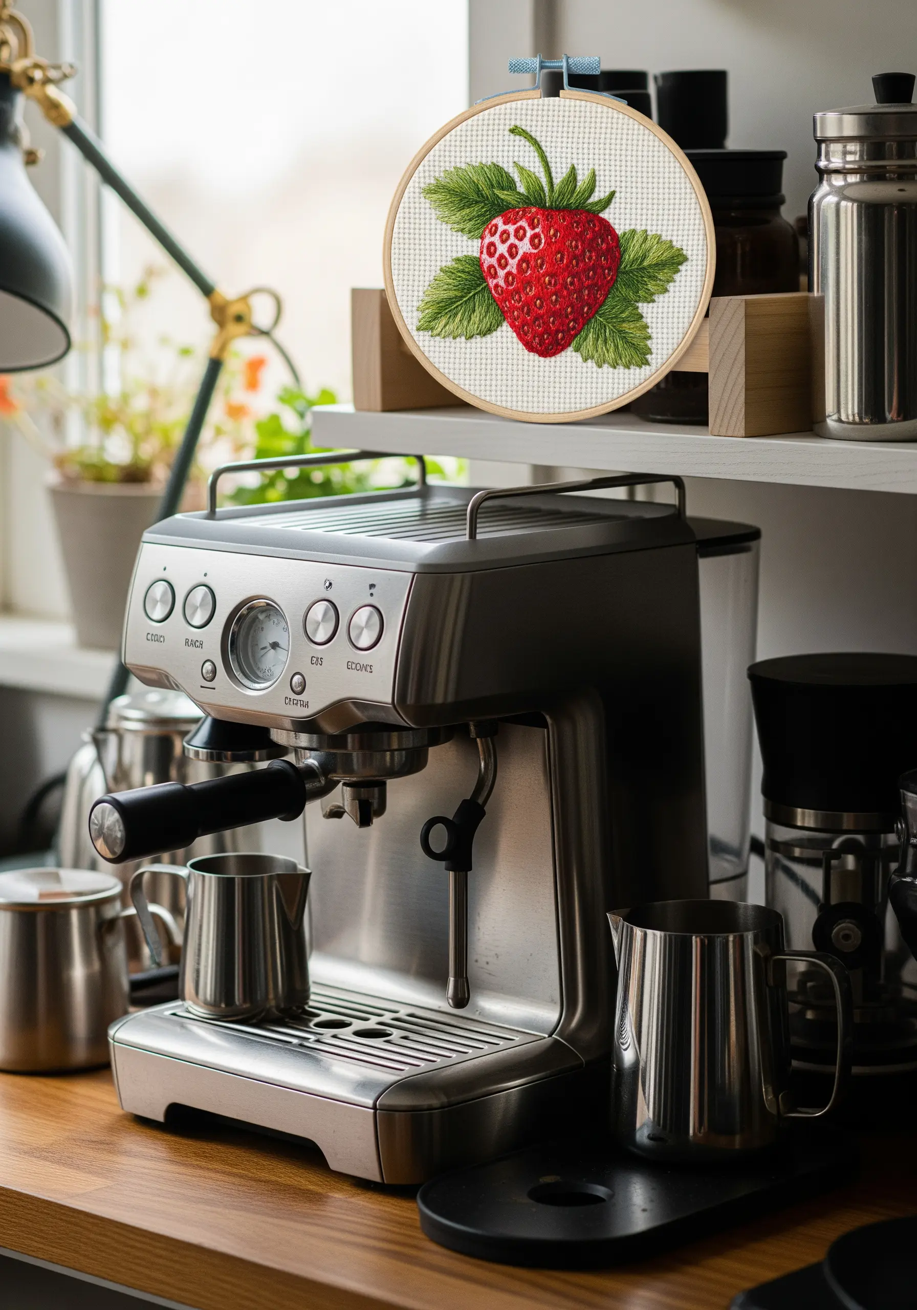 A realistic embroidered strawberry with detailed seeds and leaves, displayed in a kitchen.