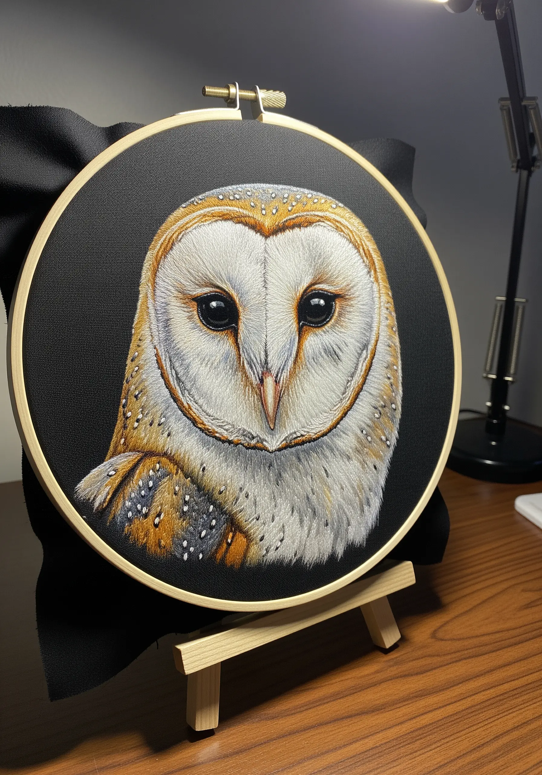Hyper-realistic thread-painted portrait of a barn owl on black fabric in a hoop.