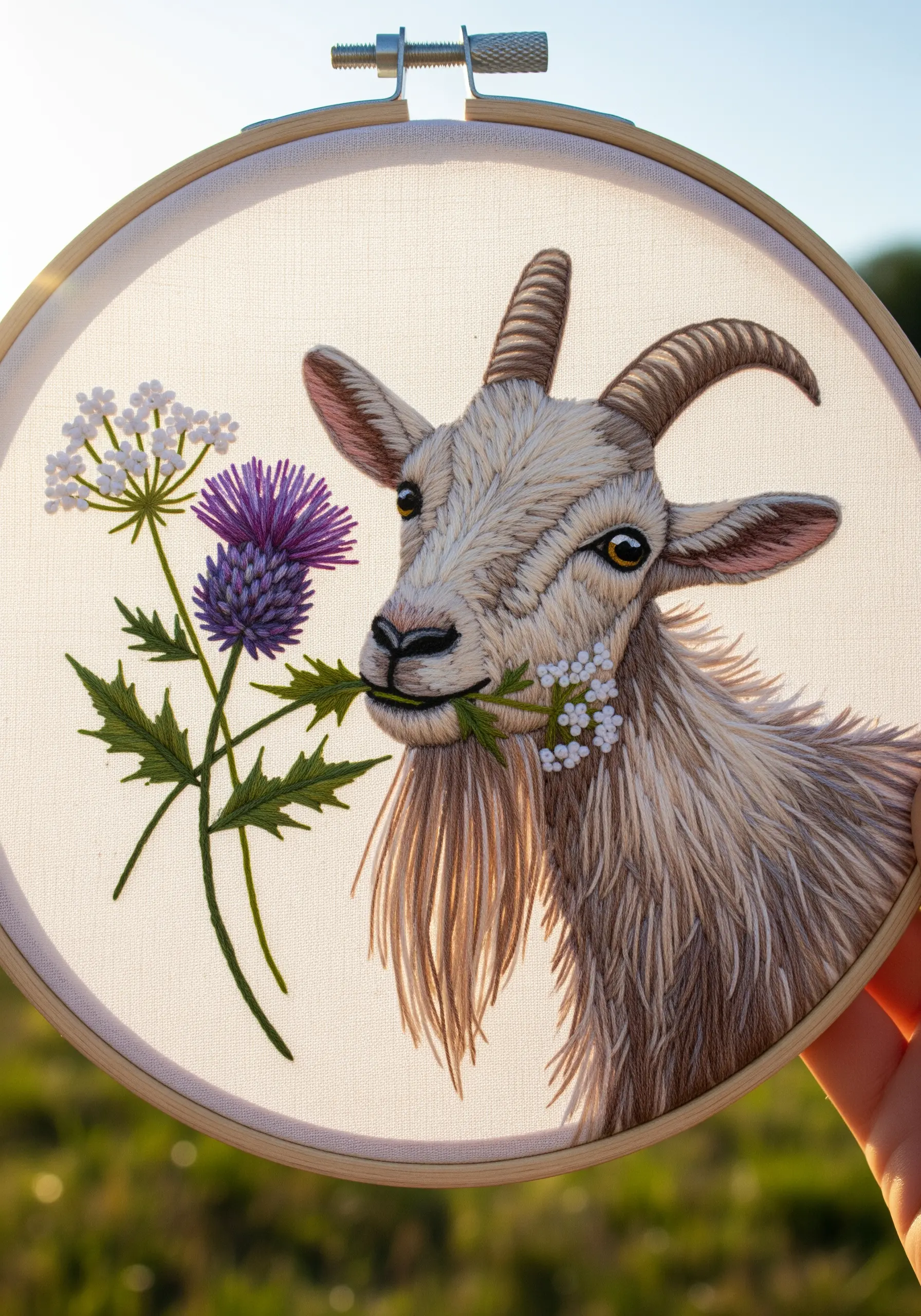 A highly realistic thread-painted goat with detailed fur, holding flowers in its mouth.