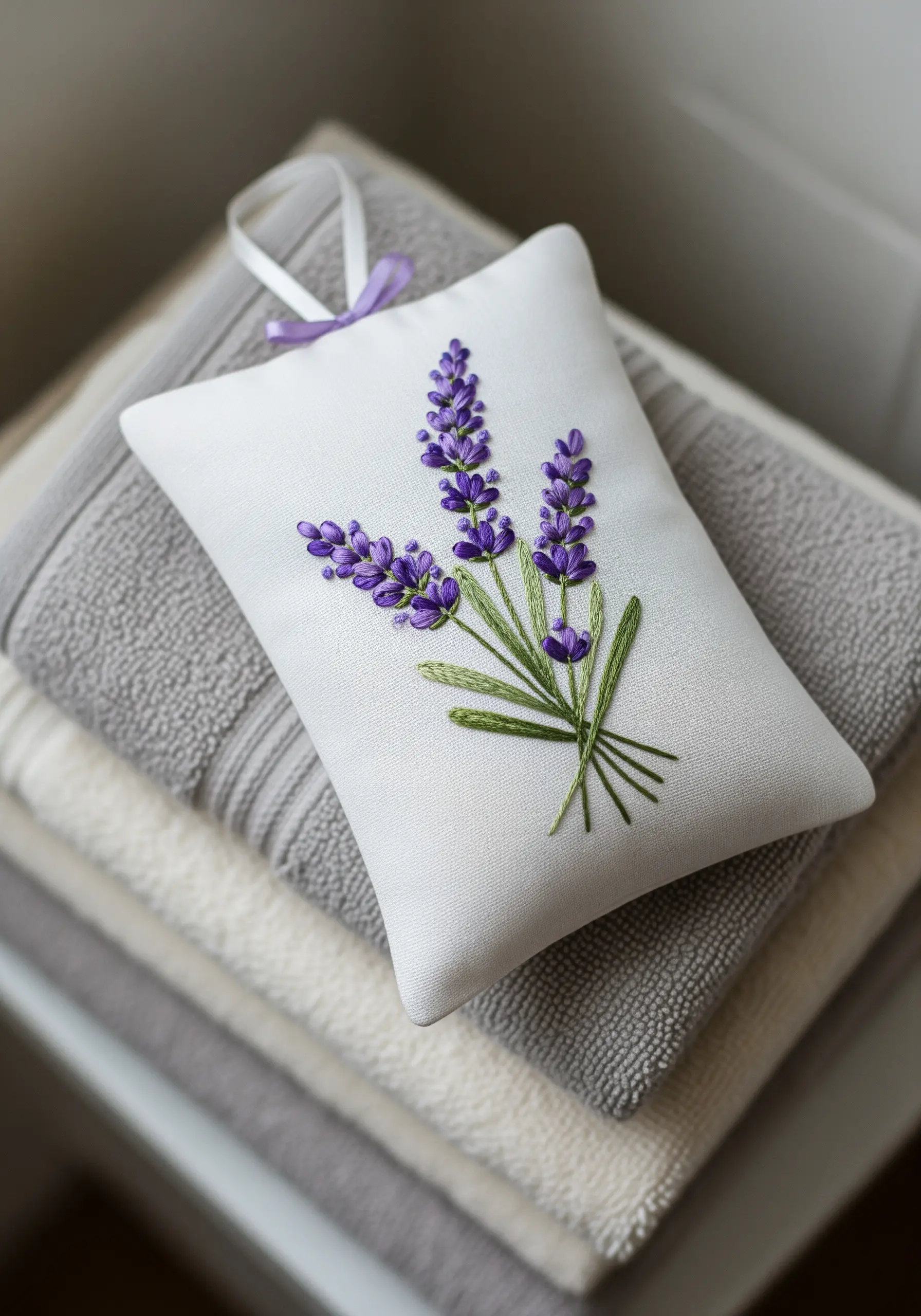 A white lavender sachet embroidered with purple lavender sprigs, resting on a stack of towels.