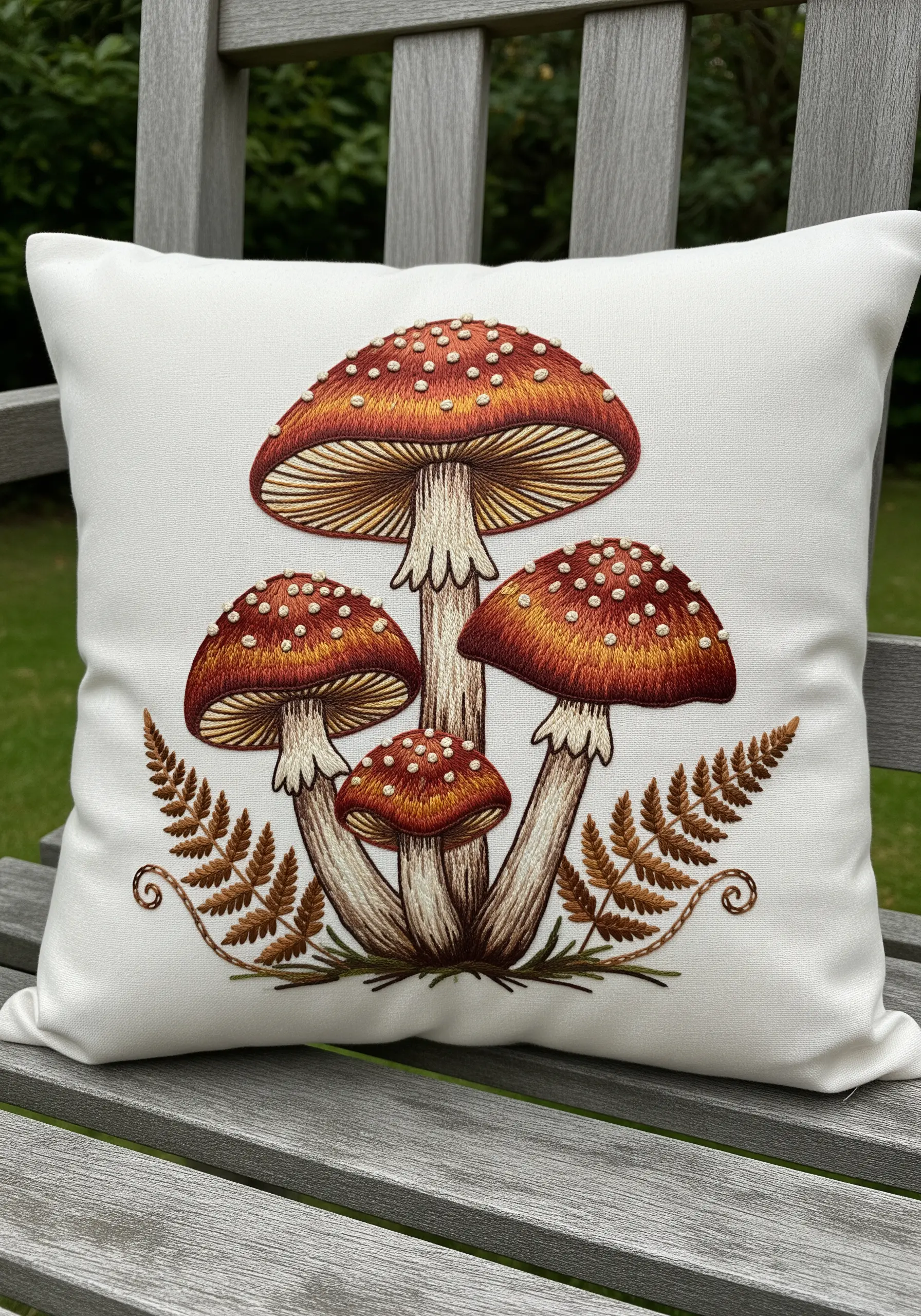 Detailed embroidery of a cluster of red and white fly agaric mushrooms on a white cushion.